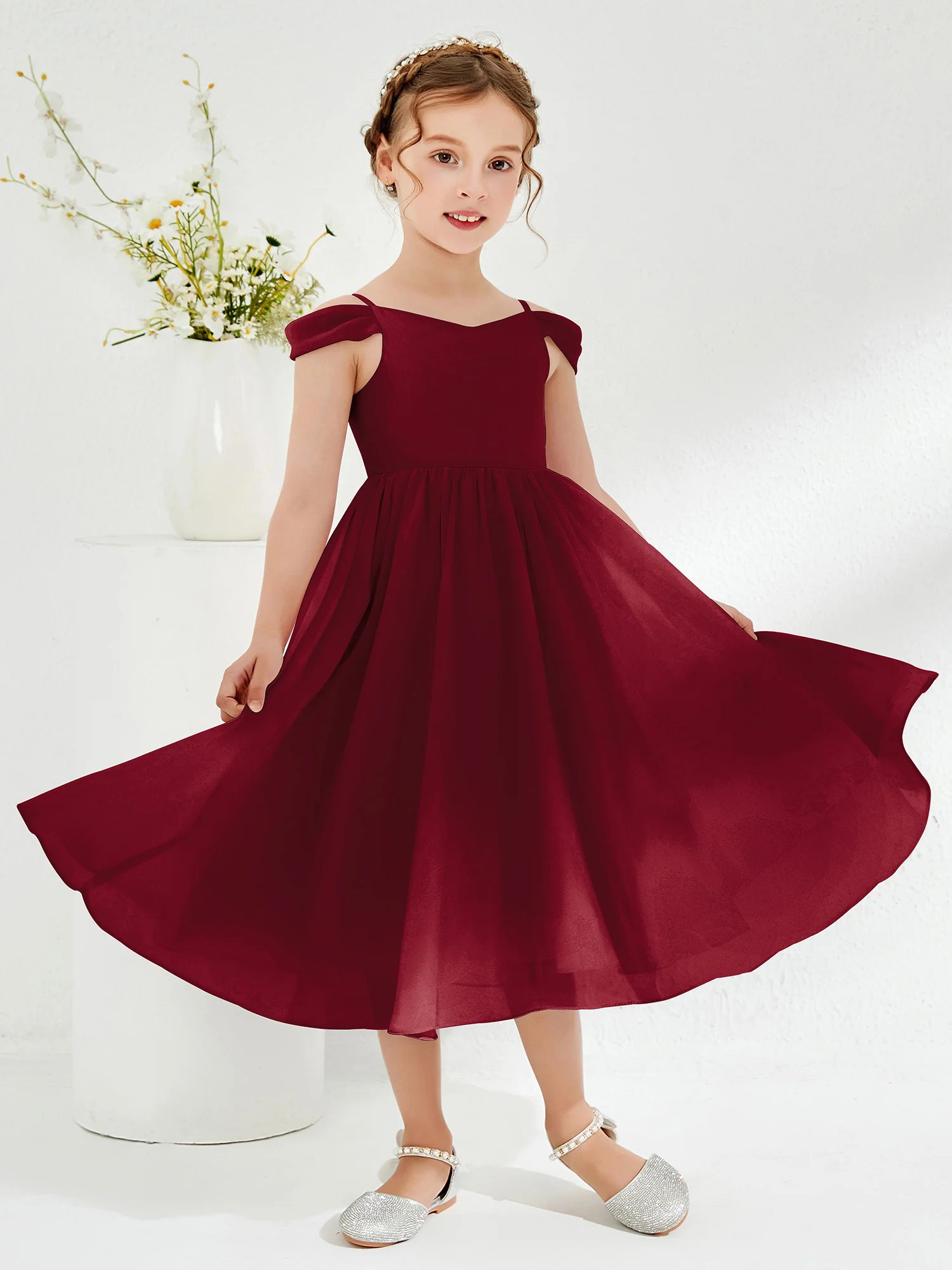 Off-the-shoulder Pleated Girl's Dress Burgundy - Image 3