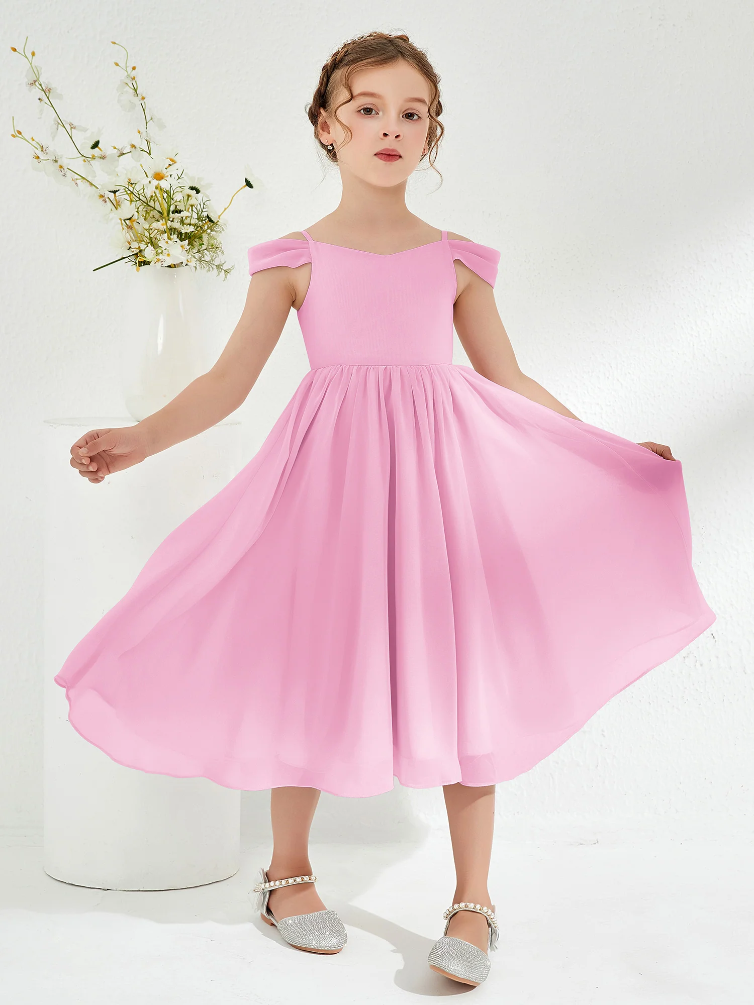 Off-the-shoulder Pleated Girl's Dress Candy Pink