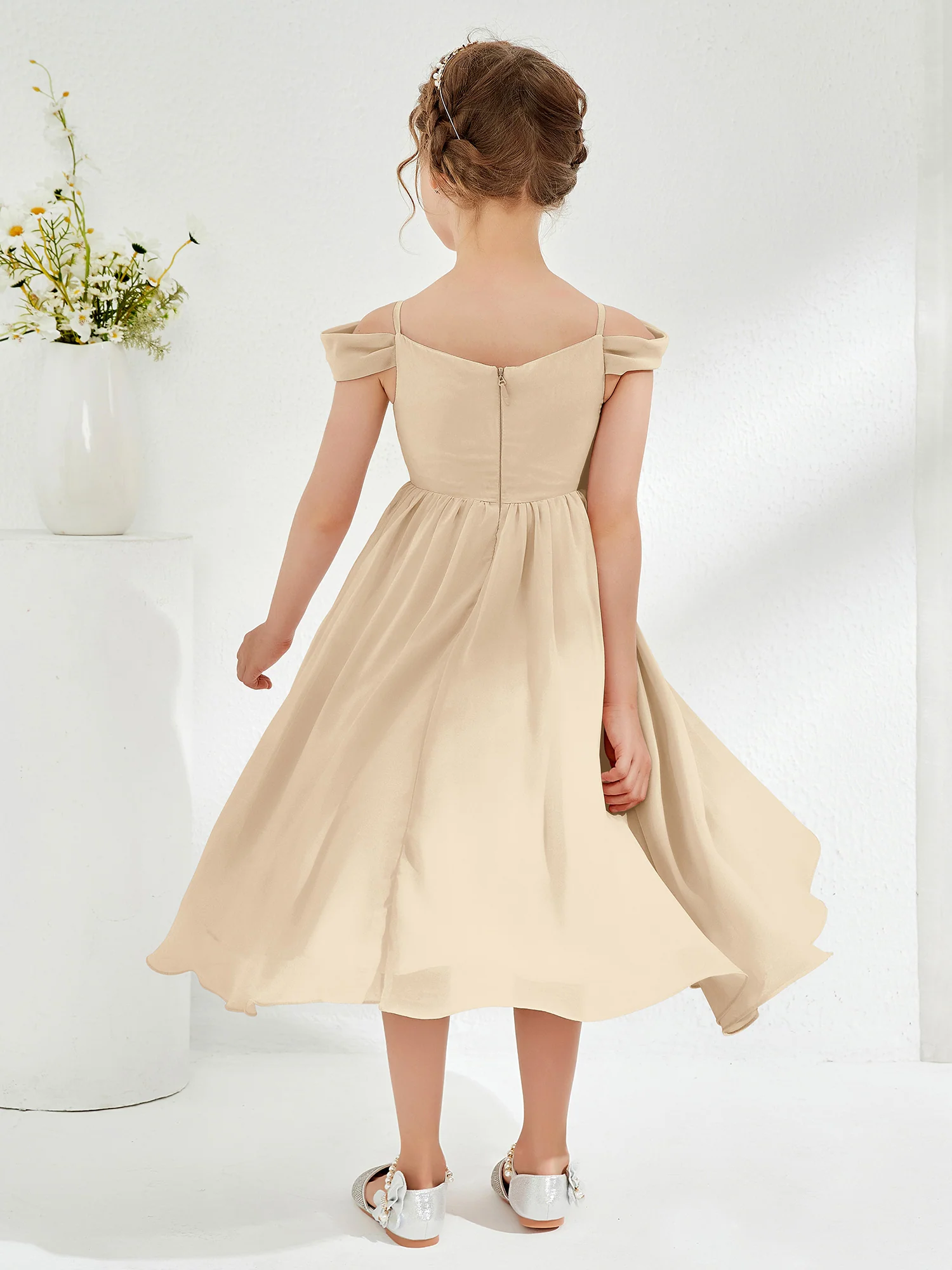 Off-the-shoulder Pleated Girl's Dress Champagne - Image 2