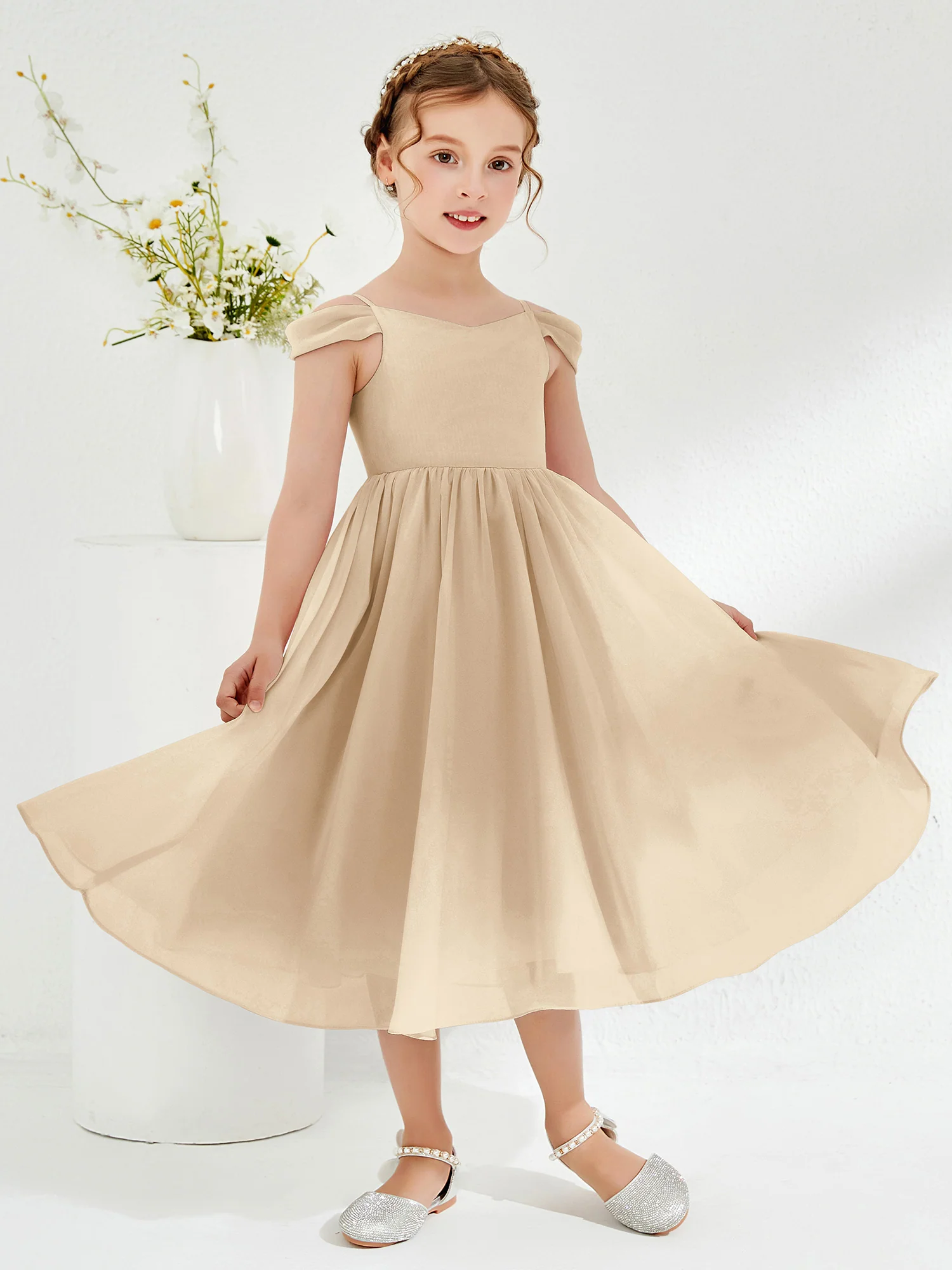 Off-the-shoulder Pleated Girl's Dress Champagne - Image 3
