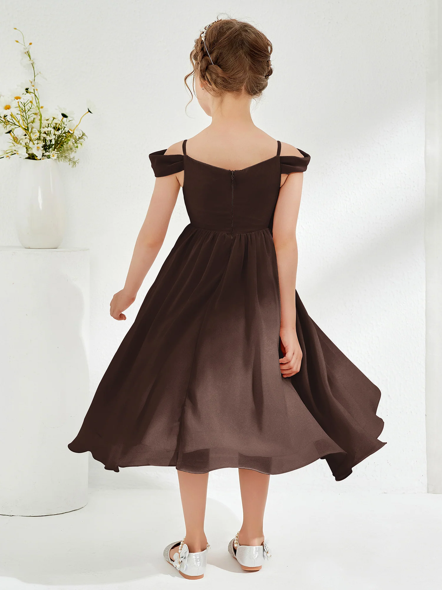Off-the-shoulder Pleated Girl's Dress Chocolate - Image 2