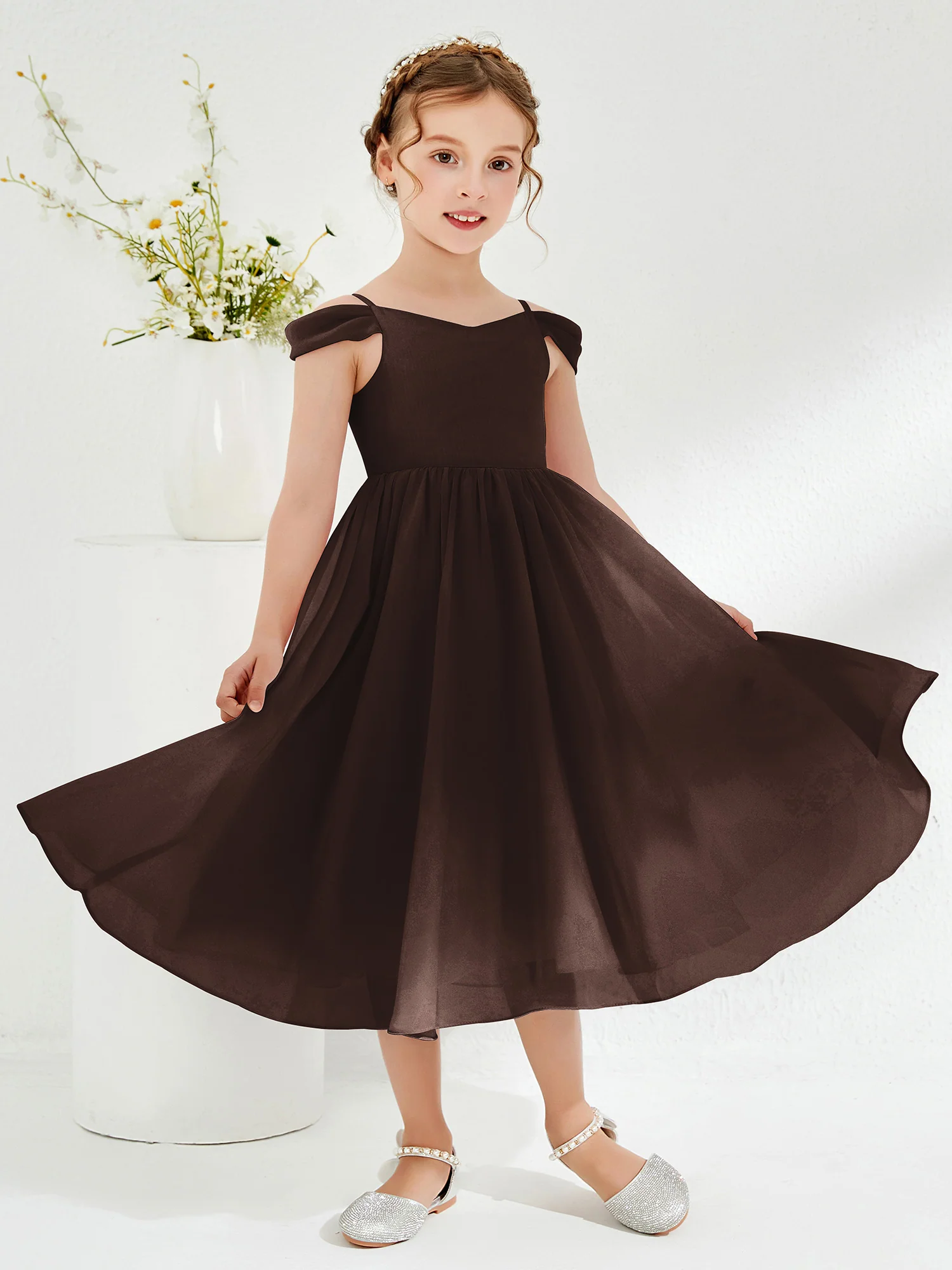 Off-the-shoulder Pleated Girl's Dress Chocolate - Image 3