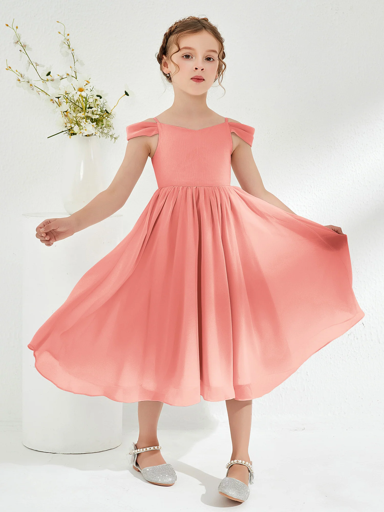Off-the-shoulder Pleated Girl's Dress Coral