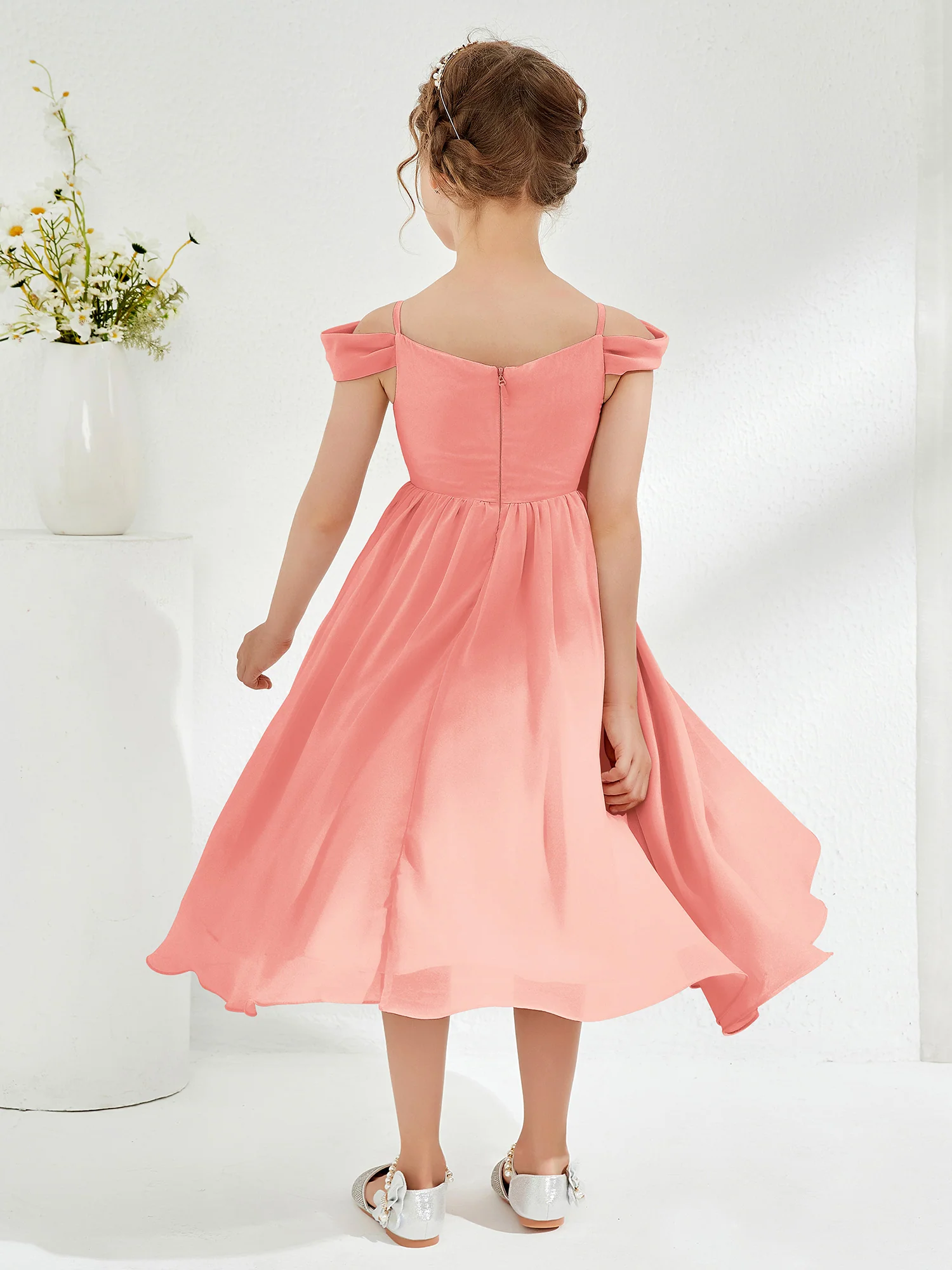 Off-the-shoulder Pleated Girl's Dress Coral - Image 2