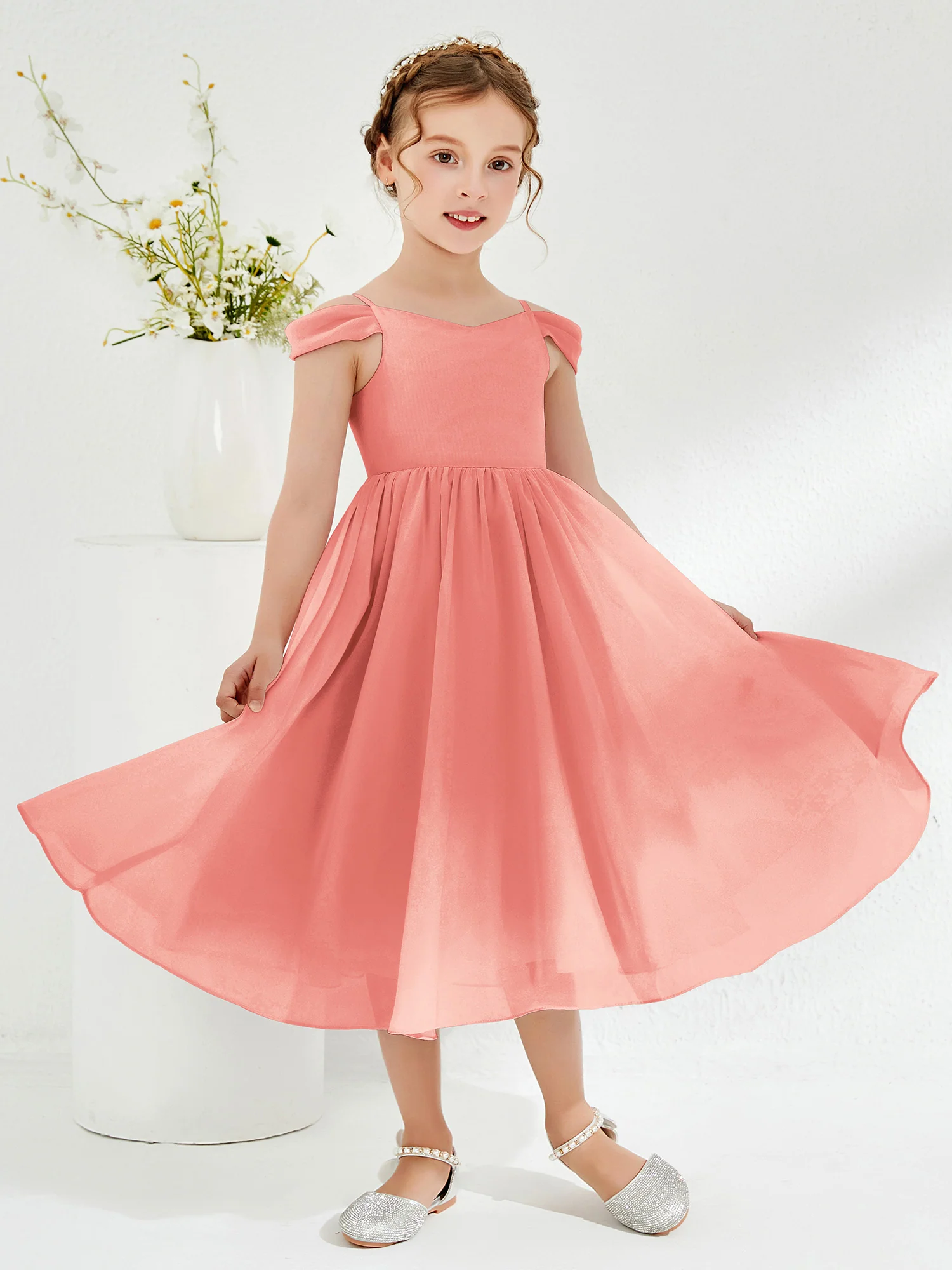 Off-the-shoulder Pleated Girl's Dress Coral - Image 3