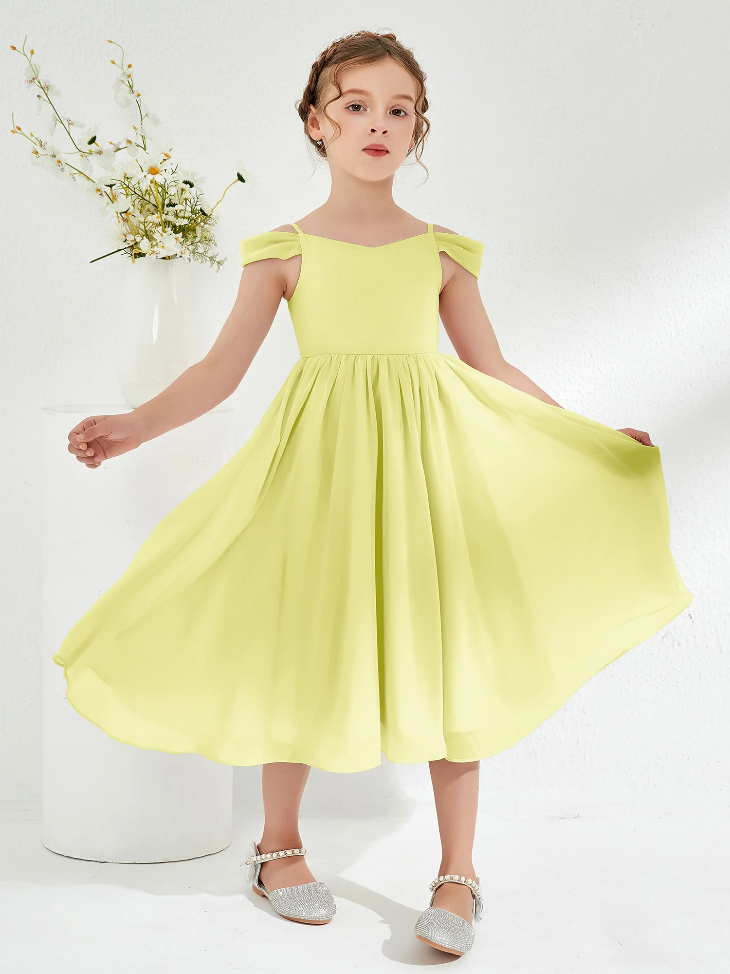 Off-the-shoulder Pleated Girl's Dress Daffodil