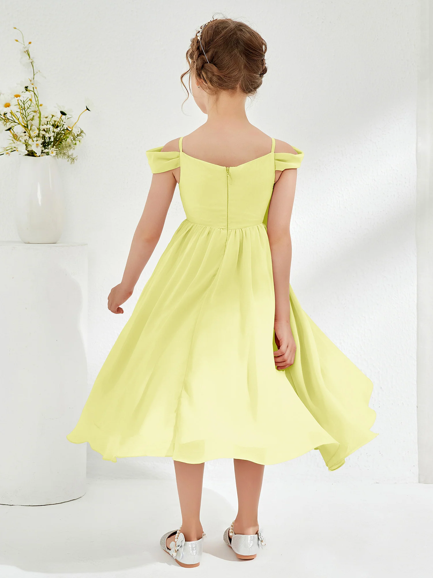 Off-the-shoulder Pleated Girl's Dress Daffodil - Image 2