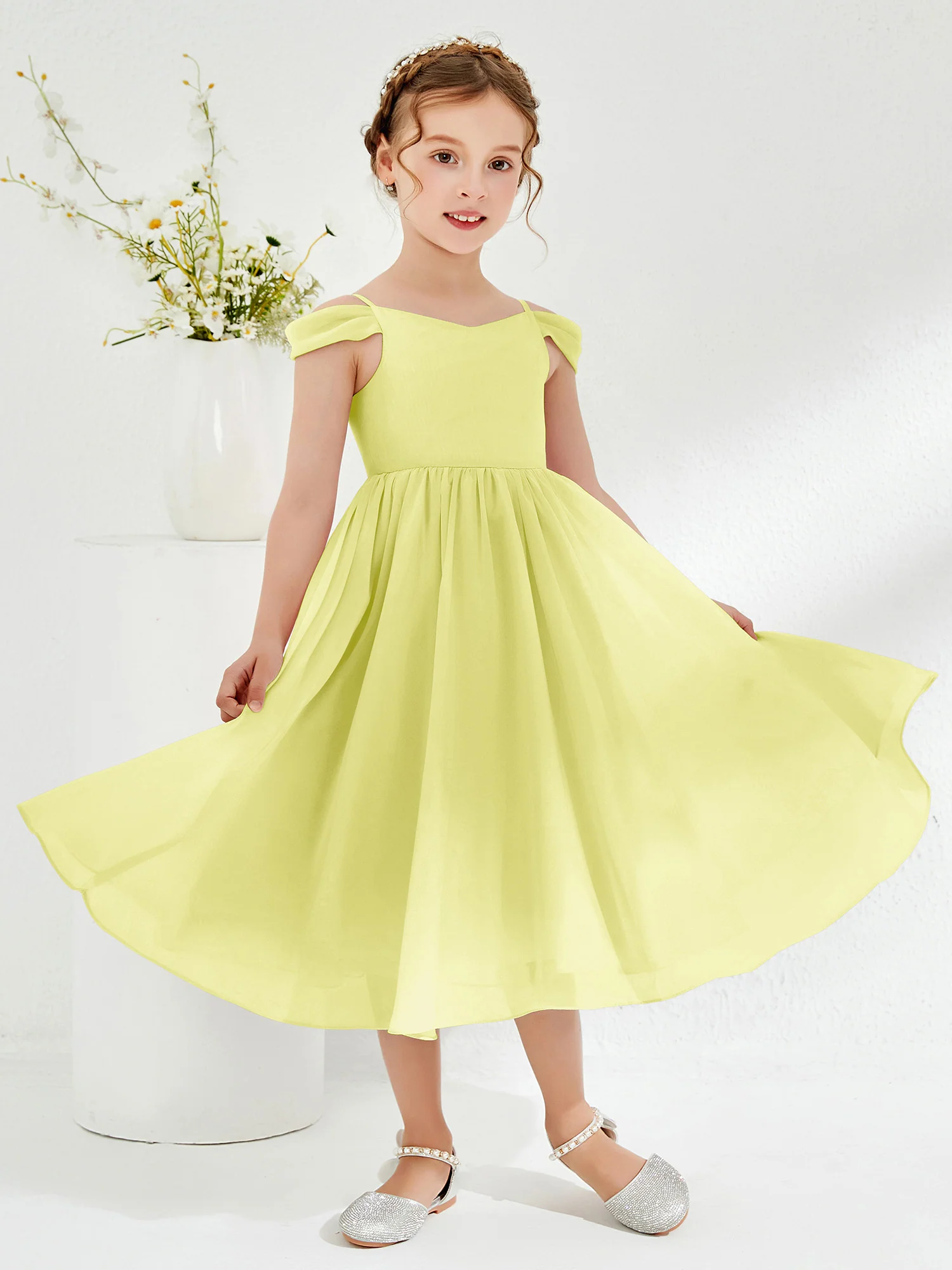Off-the-shoulder Pleated Girl's Dress Daffodil - Image 3