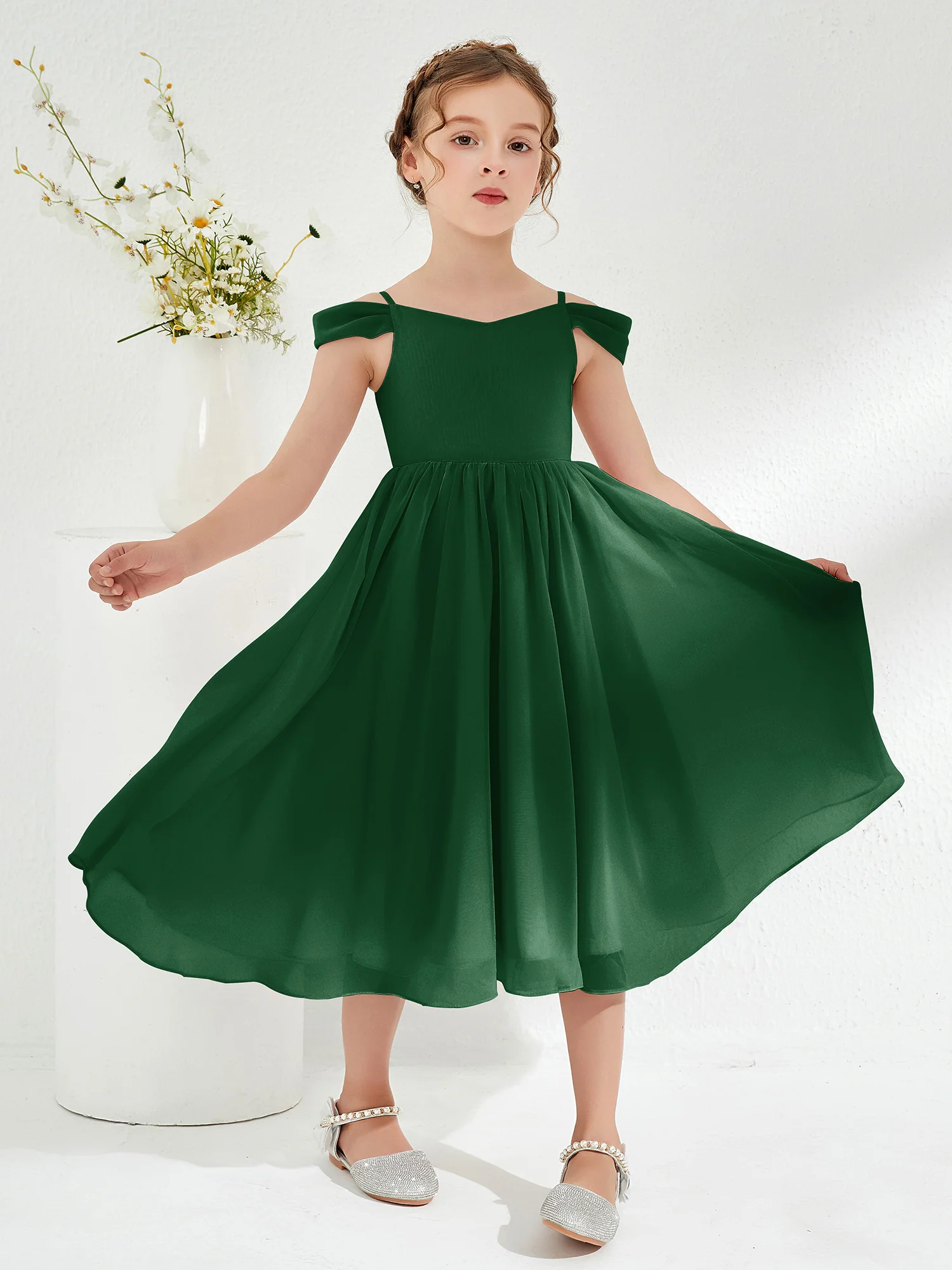 Off-the-shoulder Pleated Girl's Dress Dark Green