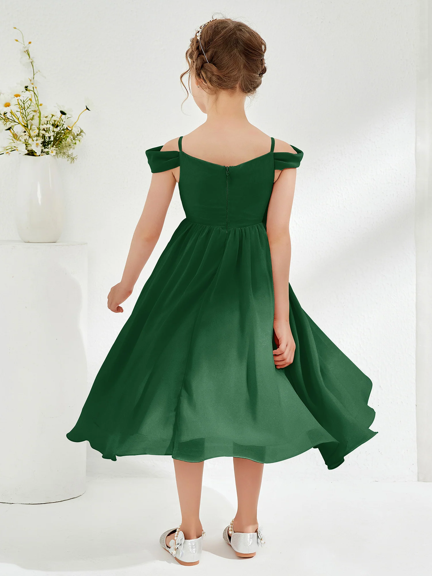Off-the-shoulder Pleated Girl's Dress Dark Green - Image 2