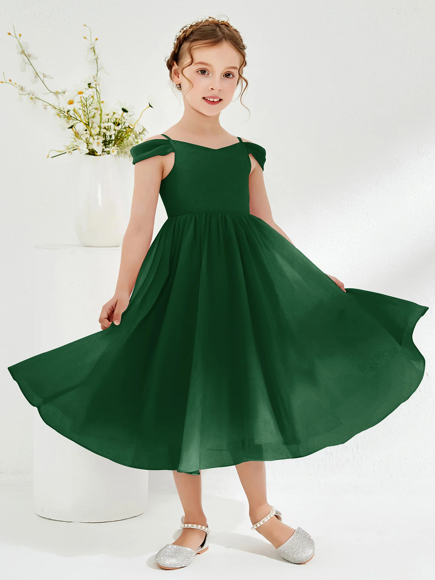 Off-the-shoulder Pleated Girl's Dress Dark Green - Image 3