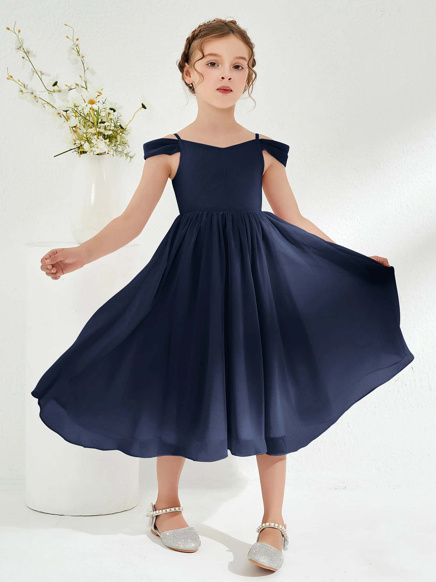Off-the-shoulder Pleated Girl's Dress Dark Navy