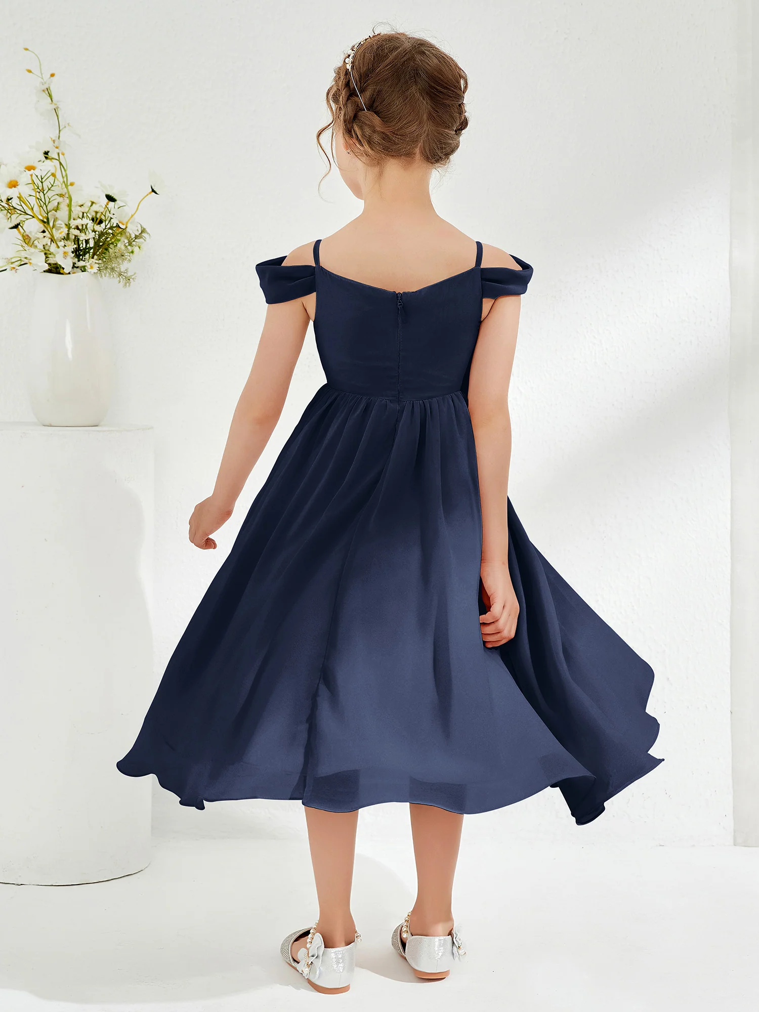 Off-the-shoulder Pleated Girl's Dress Dark Navy - Image 2