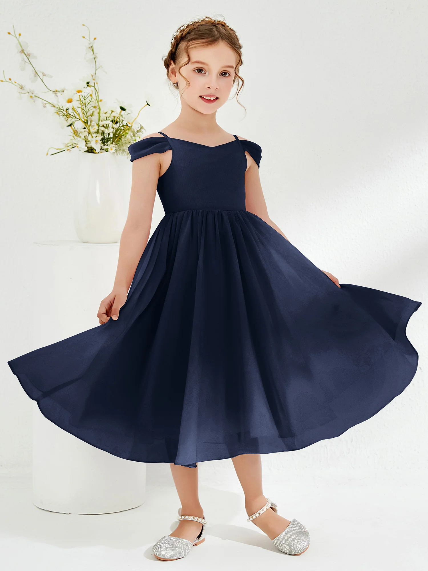 Off-the-shoulder Pleated Girl's Dress Dark Navy - Image 3