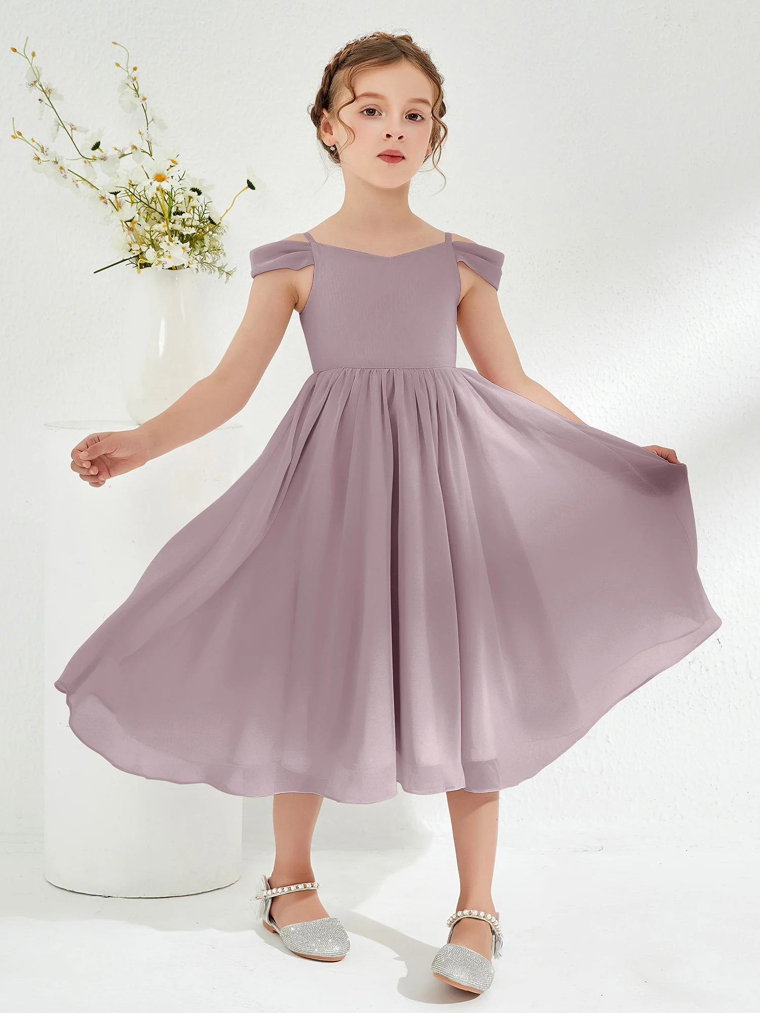 Off-the-shoulder Pleated Girl's Dress Dusk