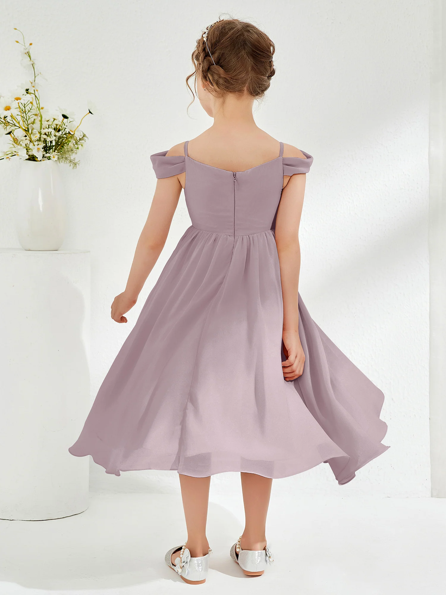 Off-the-shoulder Pleated Girl's Dress Dusk - Image 2