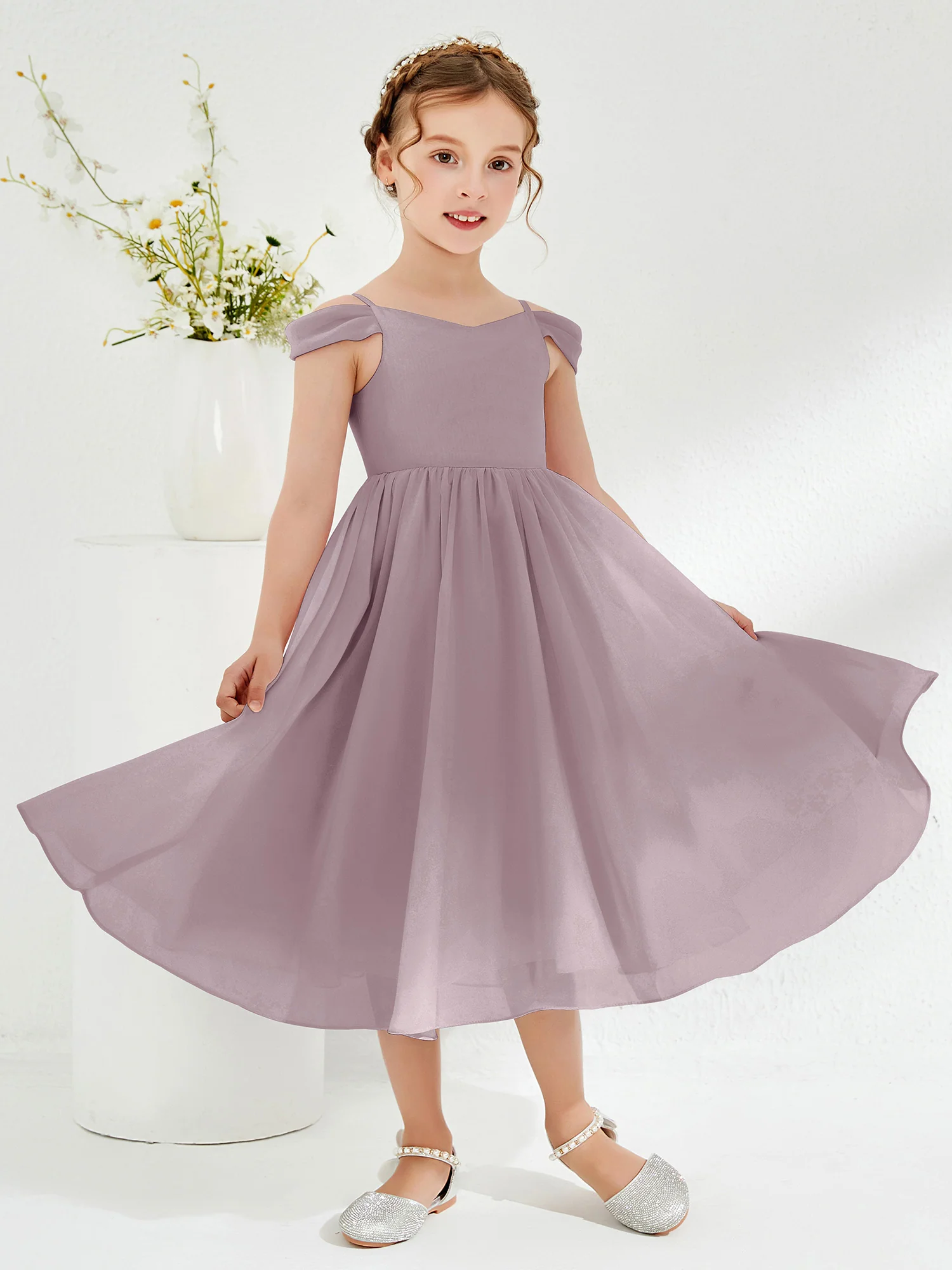 Off-the-shoulder Pleated Girl's Dress Dusk - Image 3