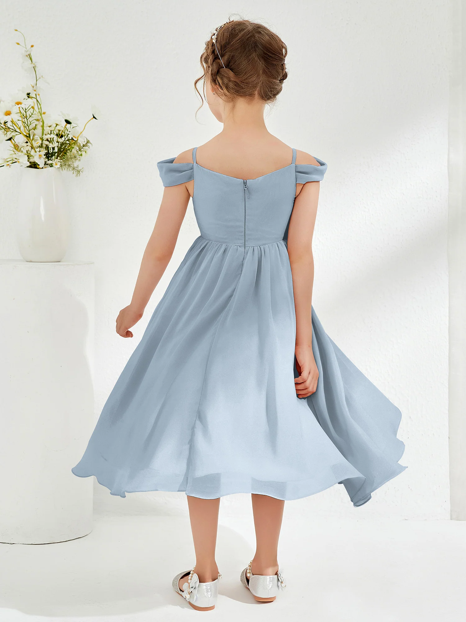 Off-the-shoulder Pleated Girl's Dress Dusty Blue - Image 2