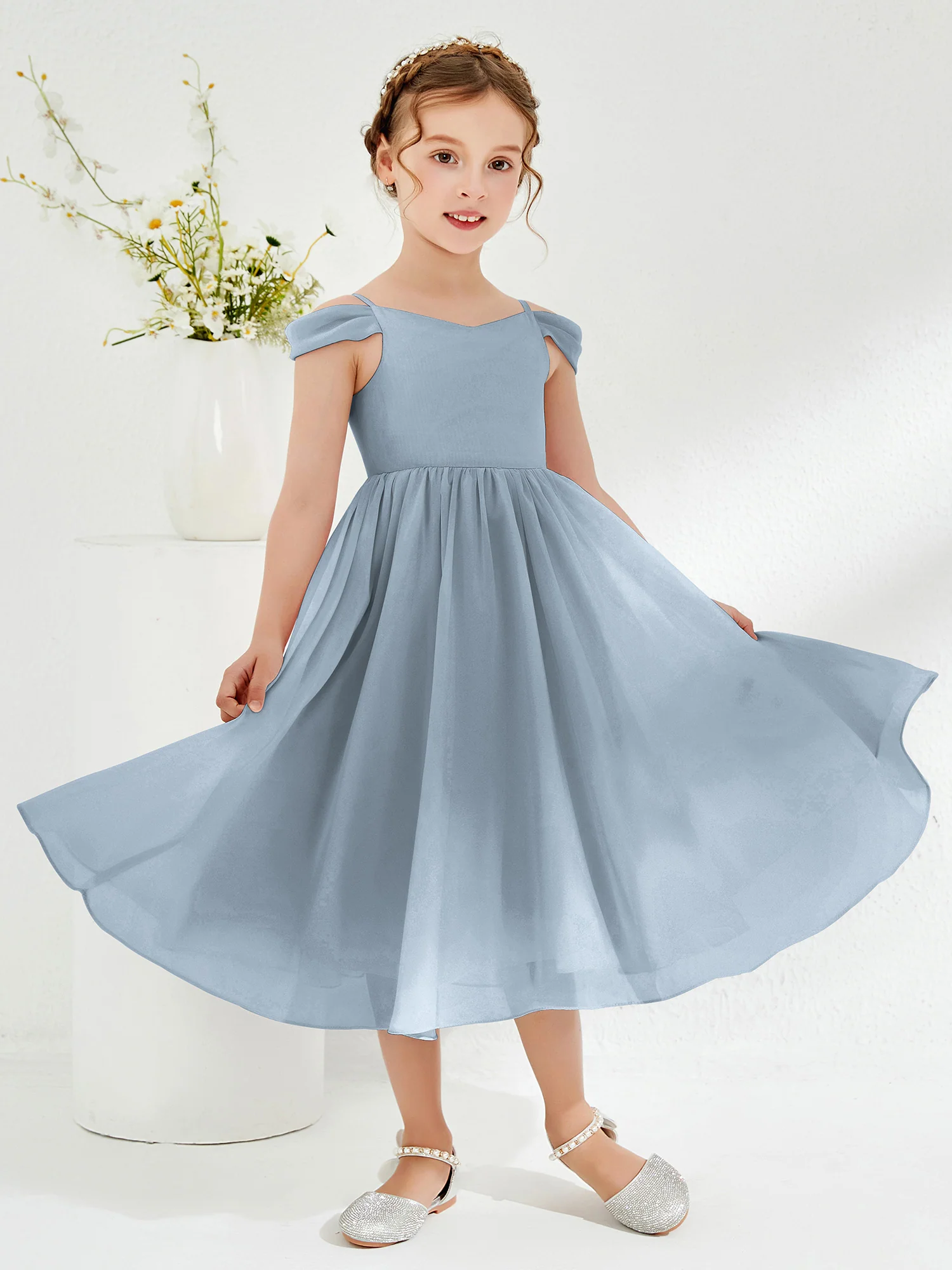 Off-the-shoulder Pleated Girl's Dress Dusty Blue - Image 3