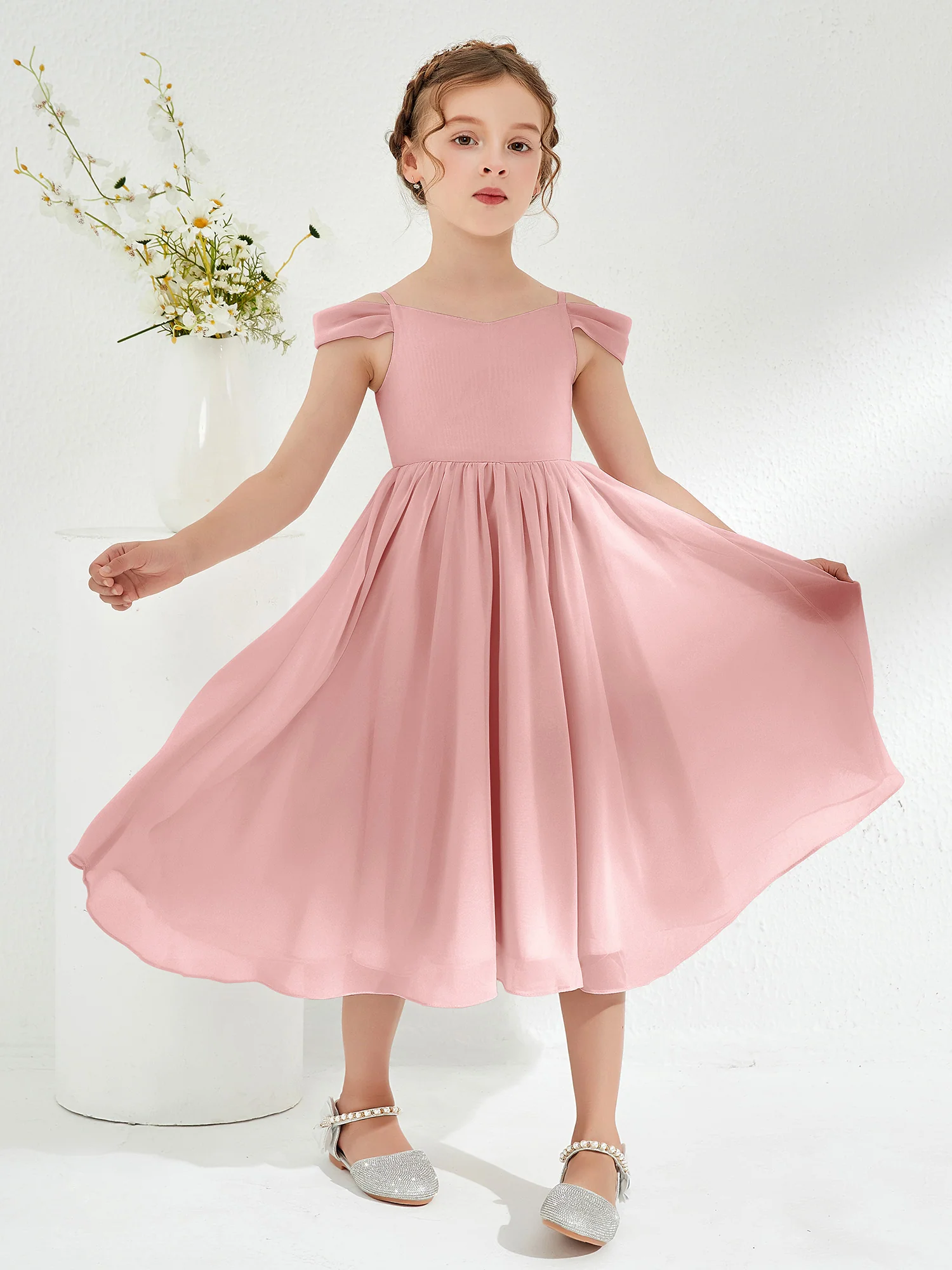 Off-the-shoulder Pleated Girl's Dress Dusty Rose