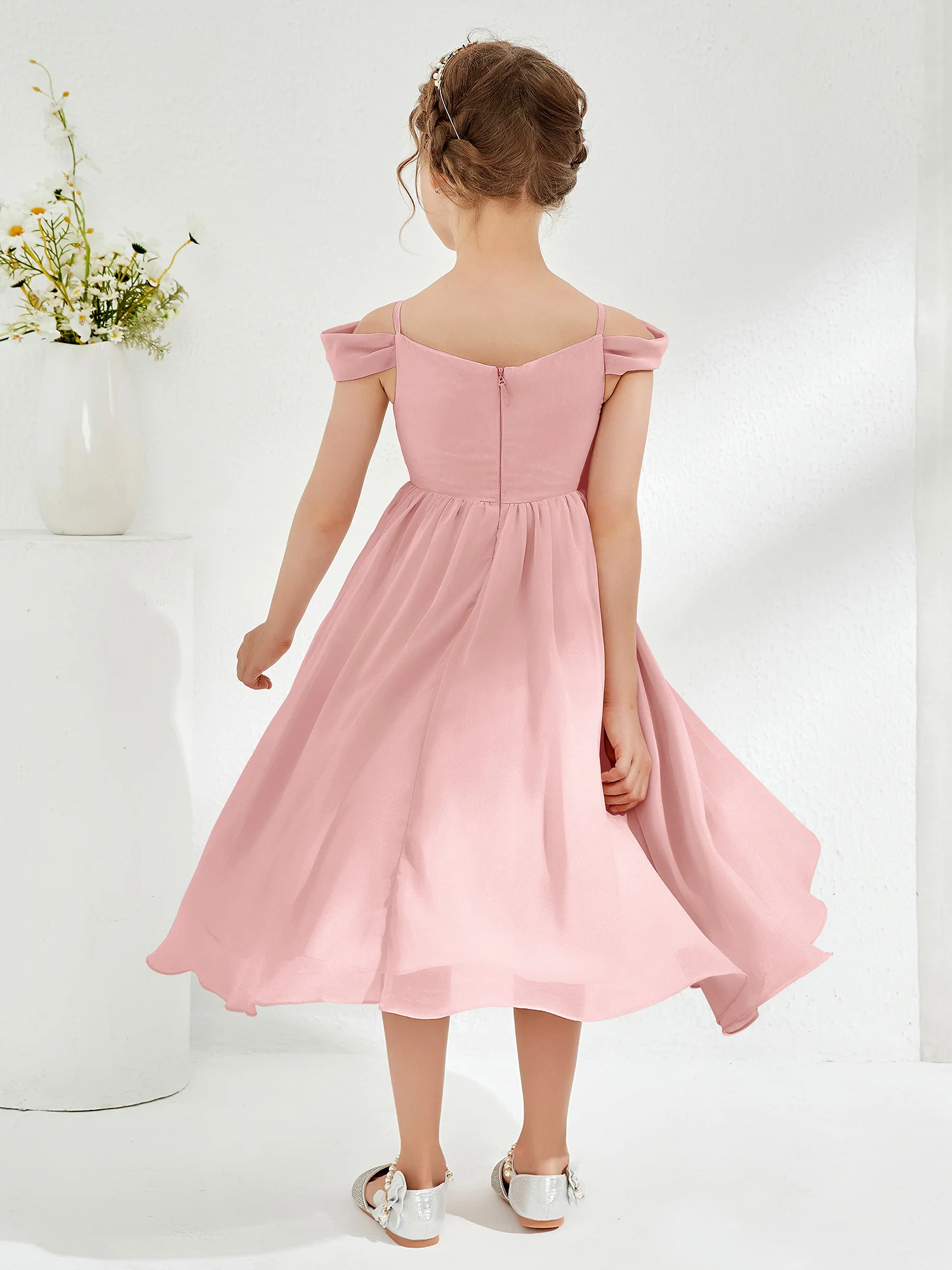 Off-the-shoulder Pleated Girl's Dress Dusty Rose - Image 2