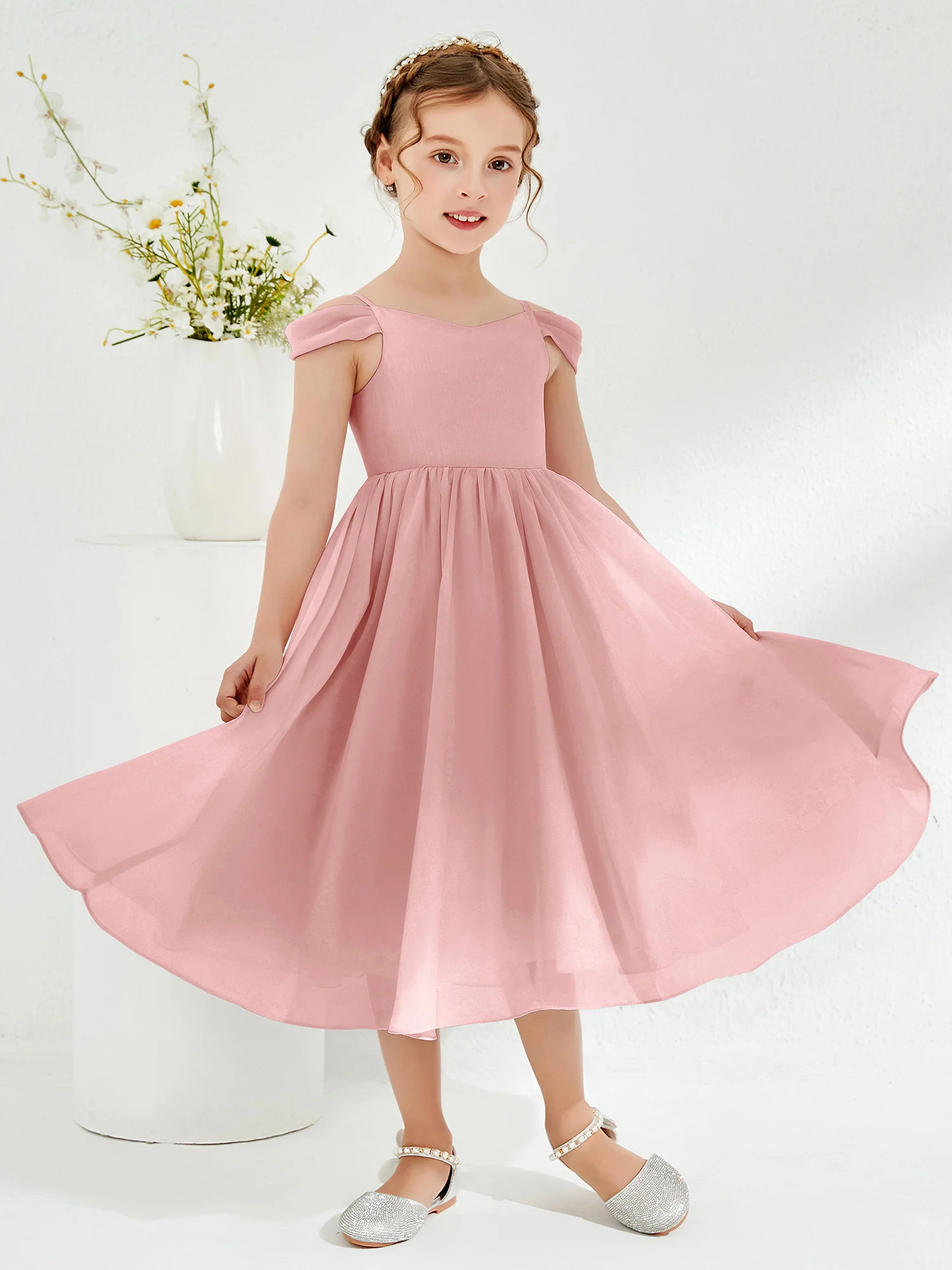 Off-the-shoulder Pleated Girl's Dress Dusty Rose - Image 3