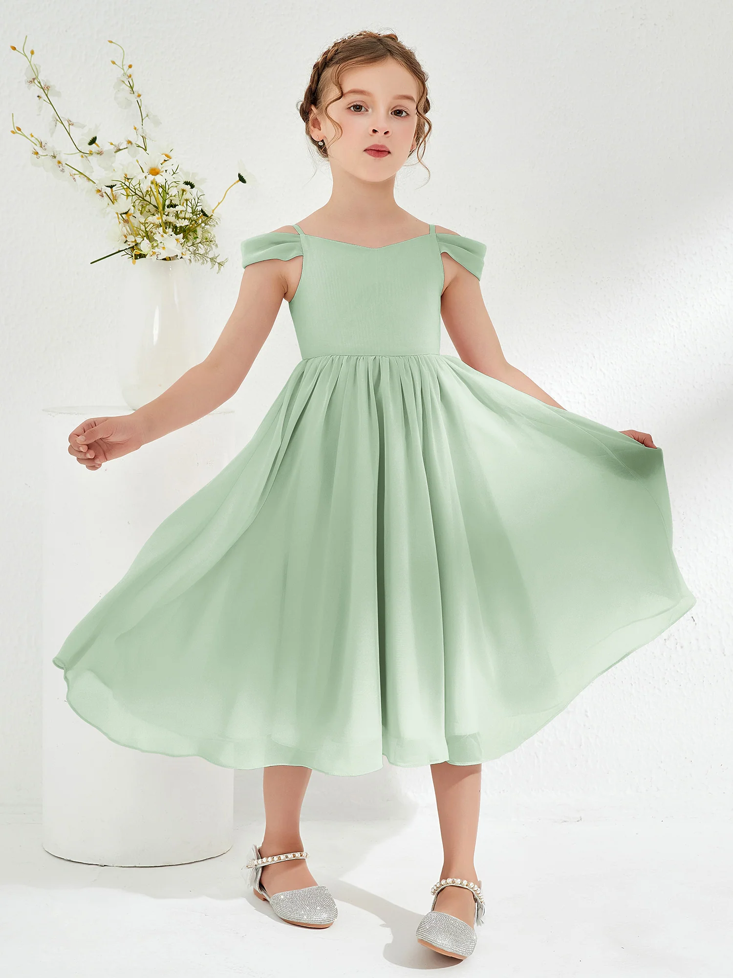 Off-the-shoulder Pleated Girl's Dress Dusty Sage