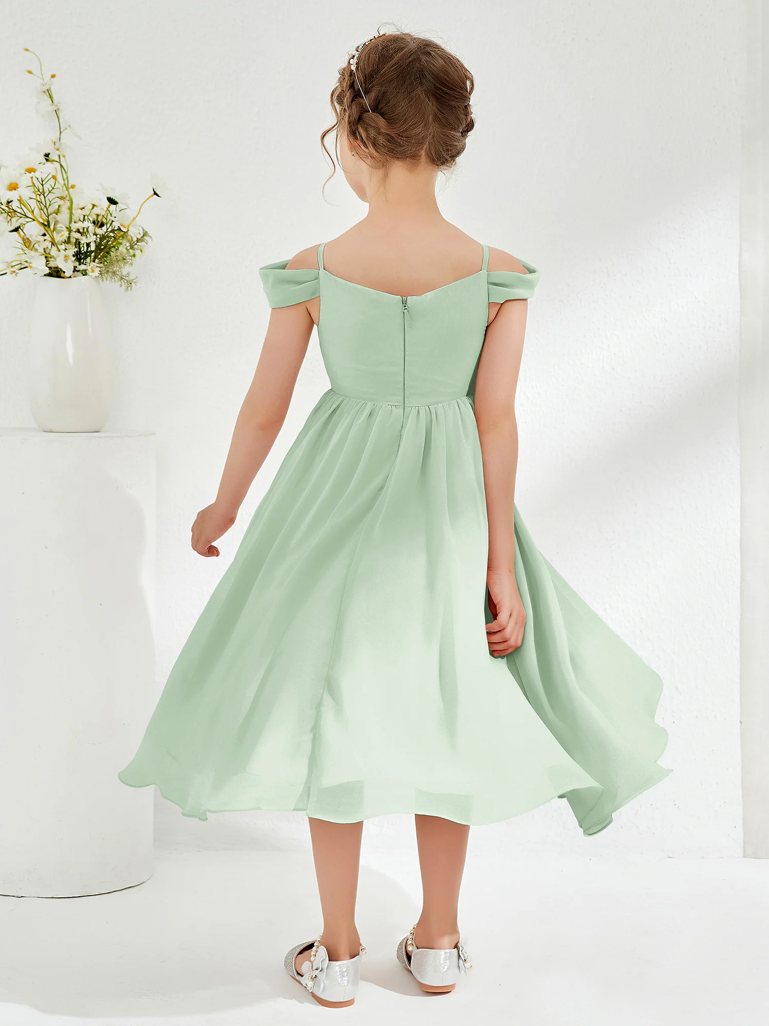 Off-the-shoulder Pleated Girl's Dress Dusty Sage - Image 2
