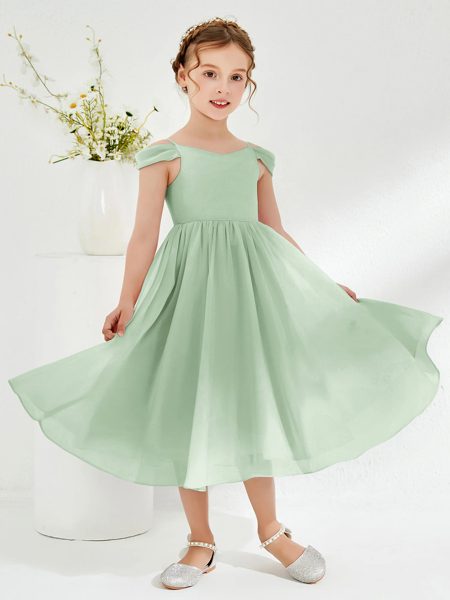 Off-the-shoulder Pleated Girl's Dress Dusty Sage - Image 3