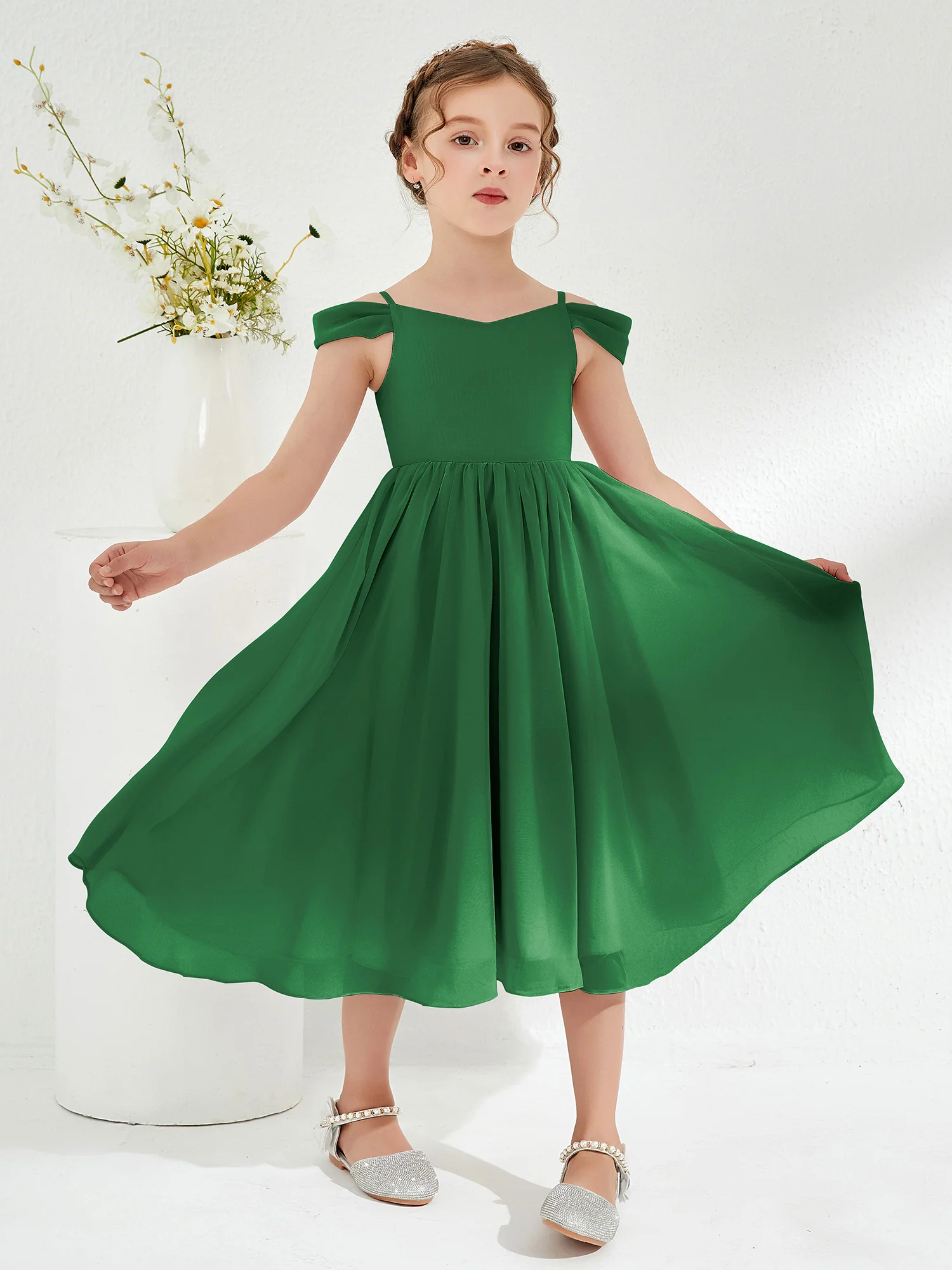 Off-the-shoulder Pleated Girl's Dress Emerald