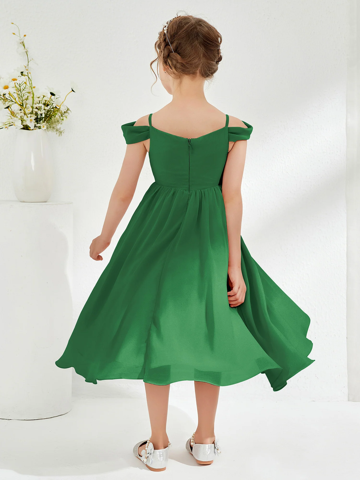Off-the-shoulder Pleated Girl's Dress Emerald - Image 2
