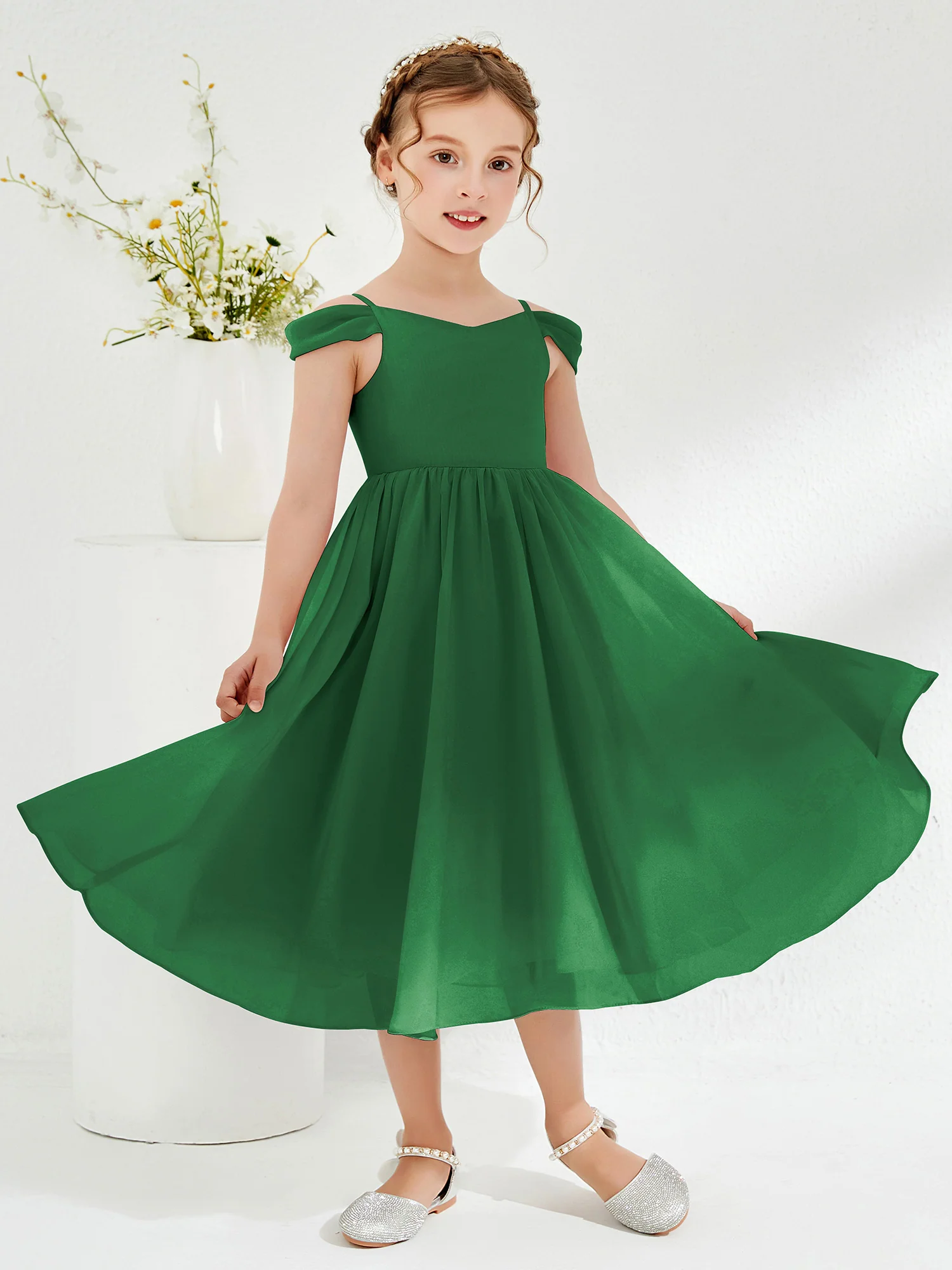 Off-the-shoulder Pleated Girl's Dress Emerald - Image 3