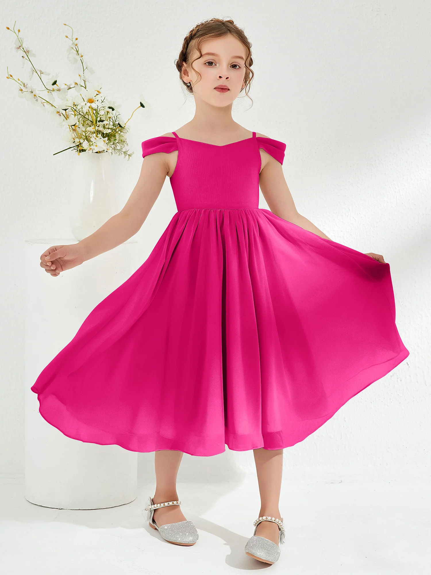 Off-the-shoulder Pleated Girl's Dress Fuchsia