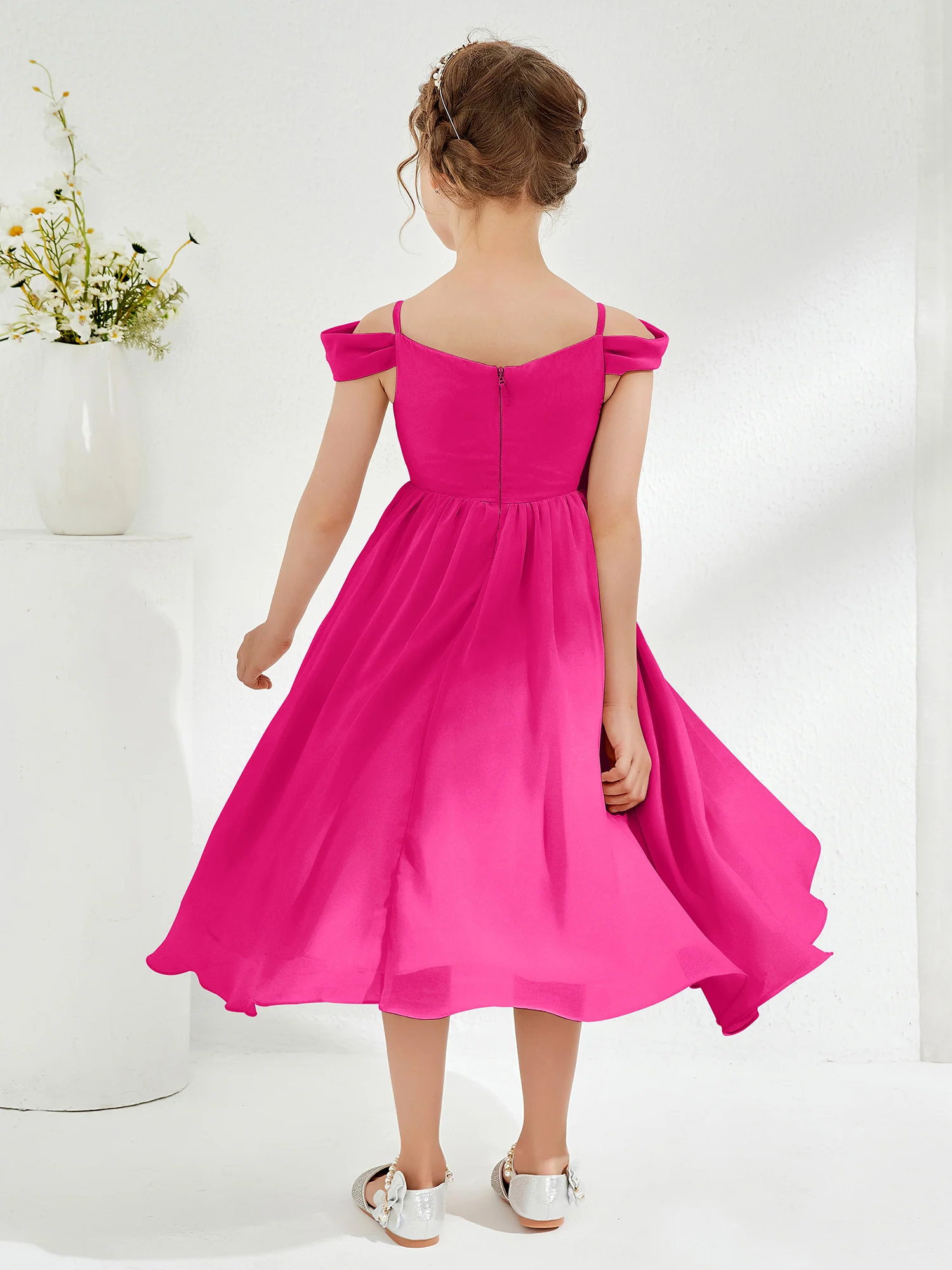 Off-the-shoulder Pleated Girl's Dress Fuchsia - Image 2