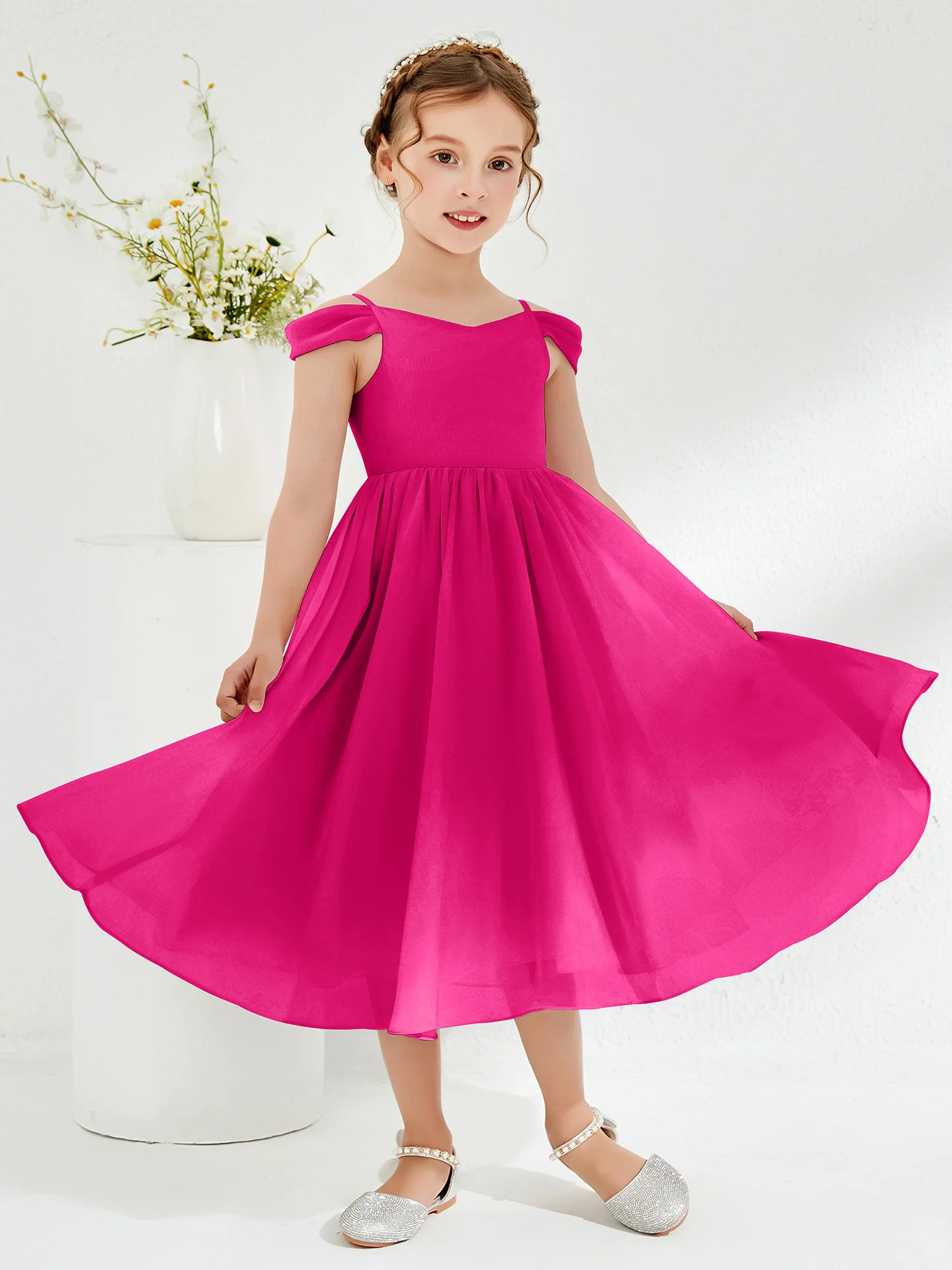 Off-the-shoulder Pleated Girl's Dress Fuchsia - Image 3