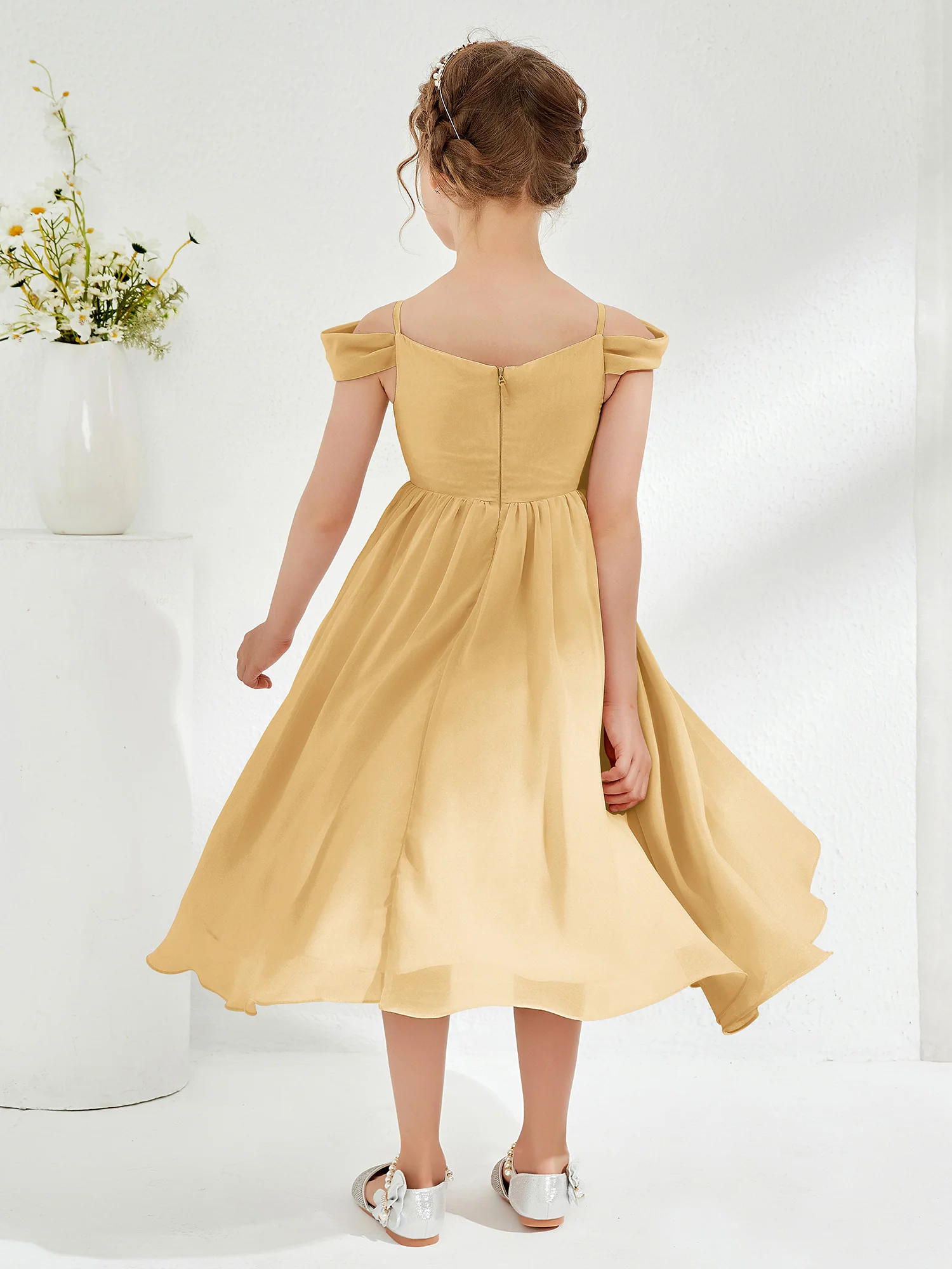 Off-the-shoulder Pleated Girl's Dress Gold - Image 2