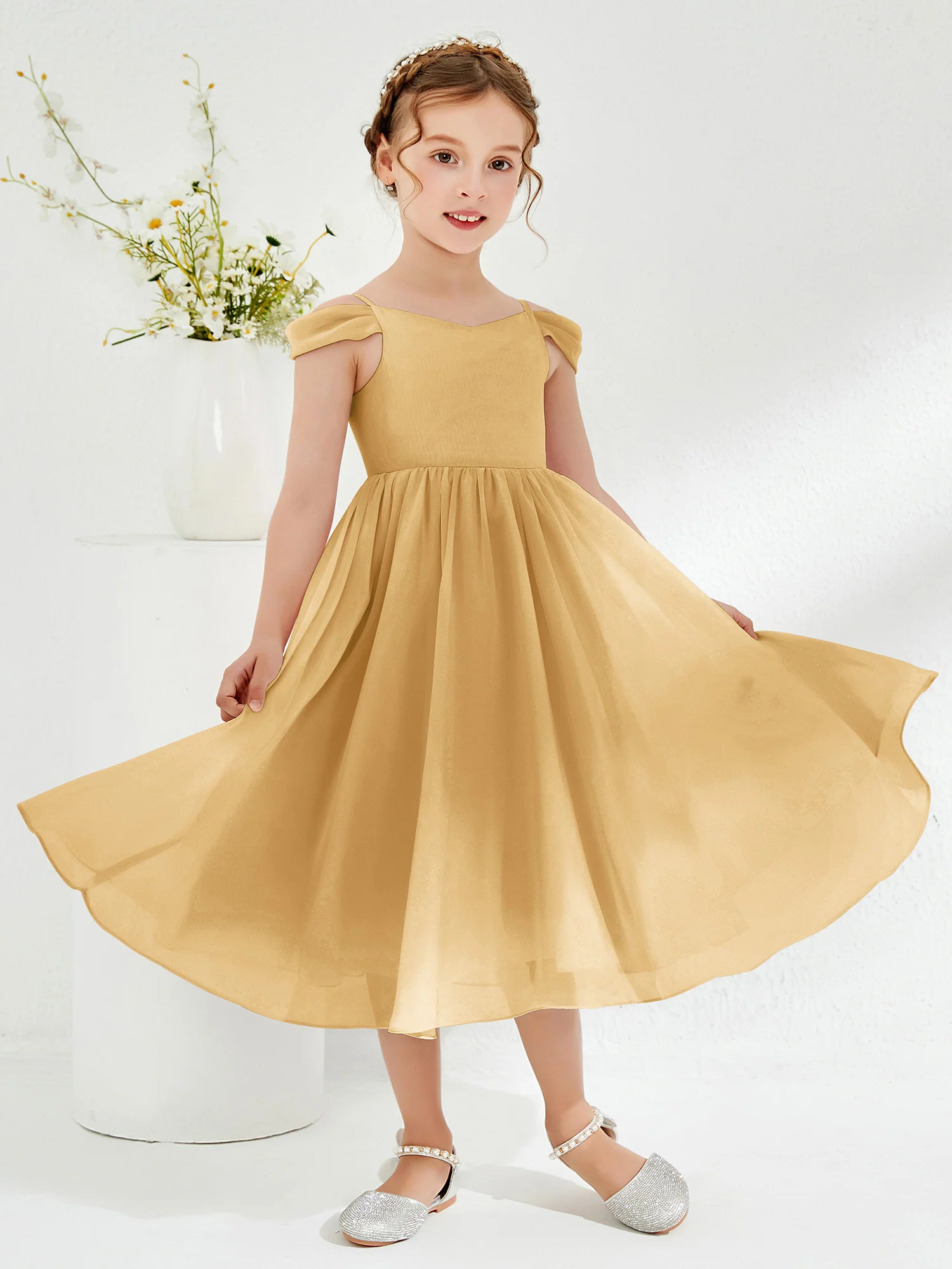 Off-the-shoulder Pleated Girl's Dress Gold - Image 3