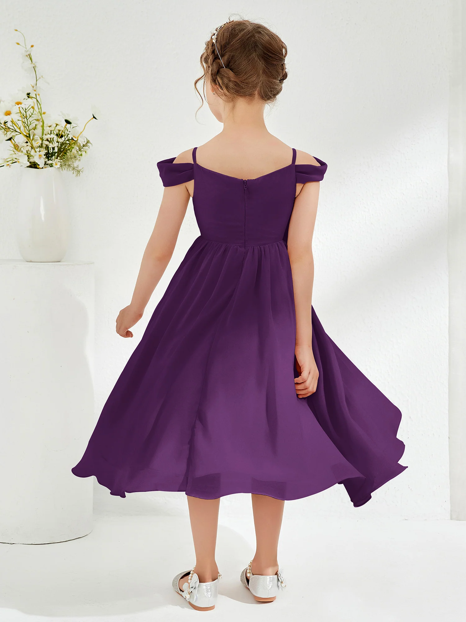 Off-the-shoulder Pleated Girl's Dress Grape - Image 2