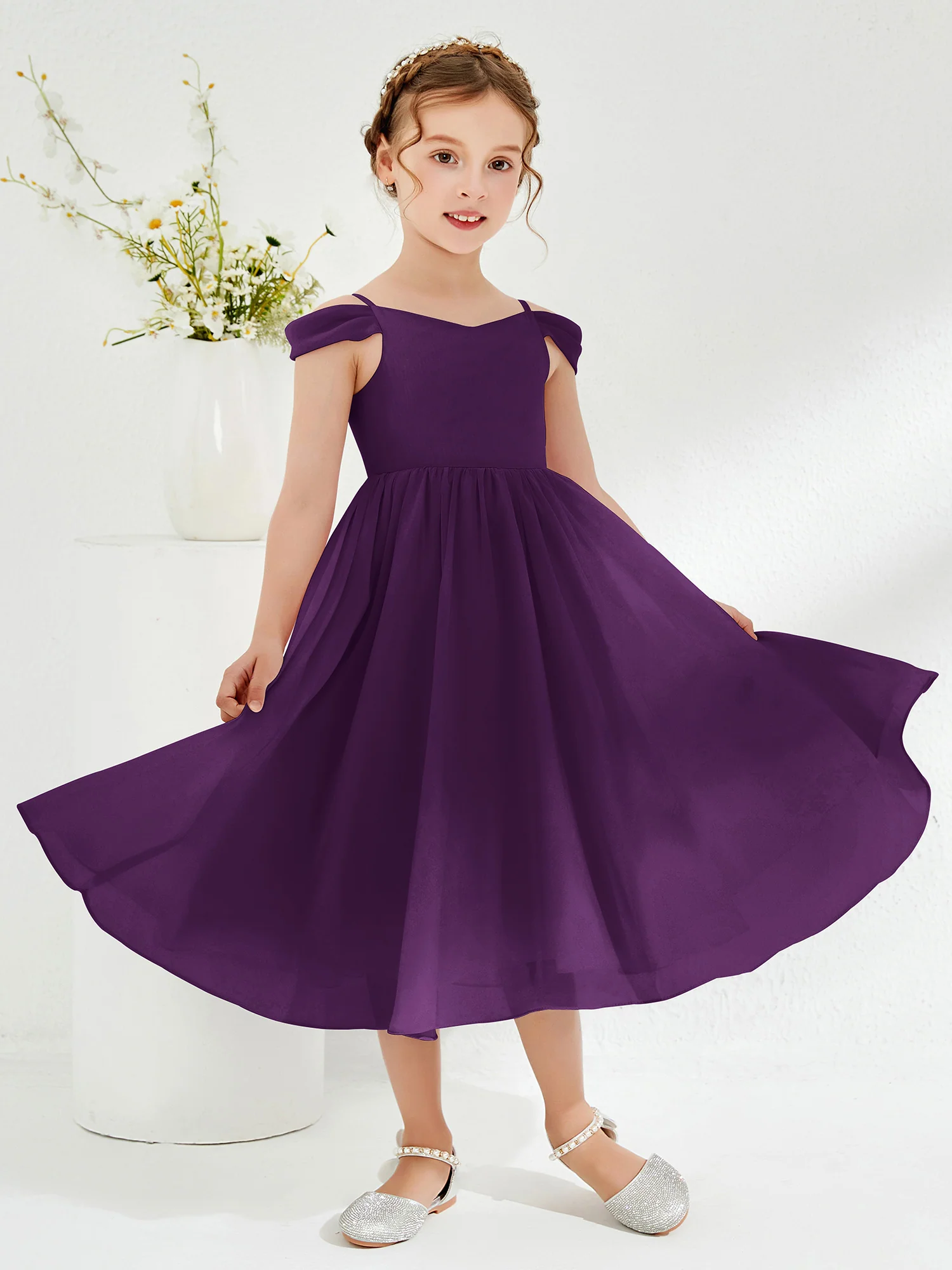 Off-the-shoulder Pleated Girl's Dress Grape - Image 3