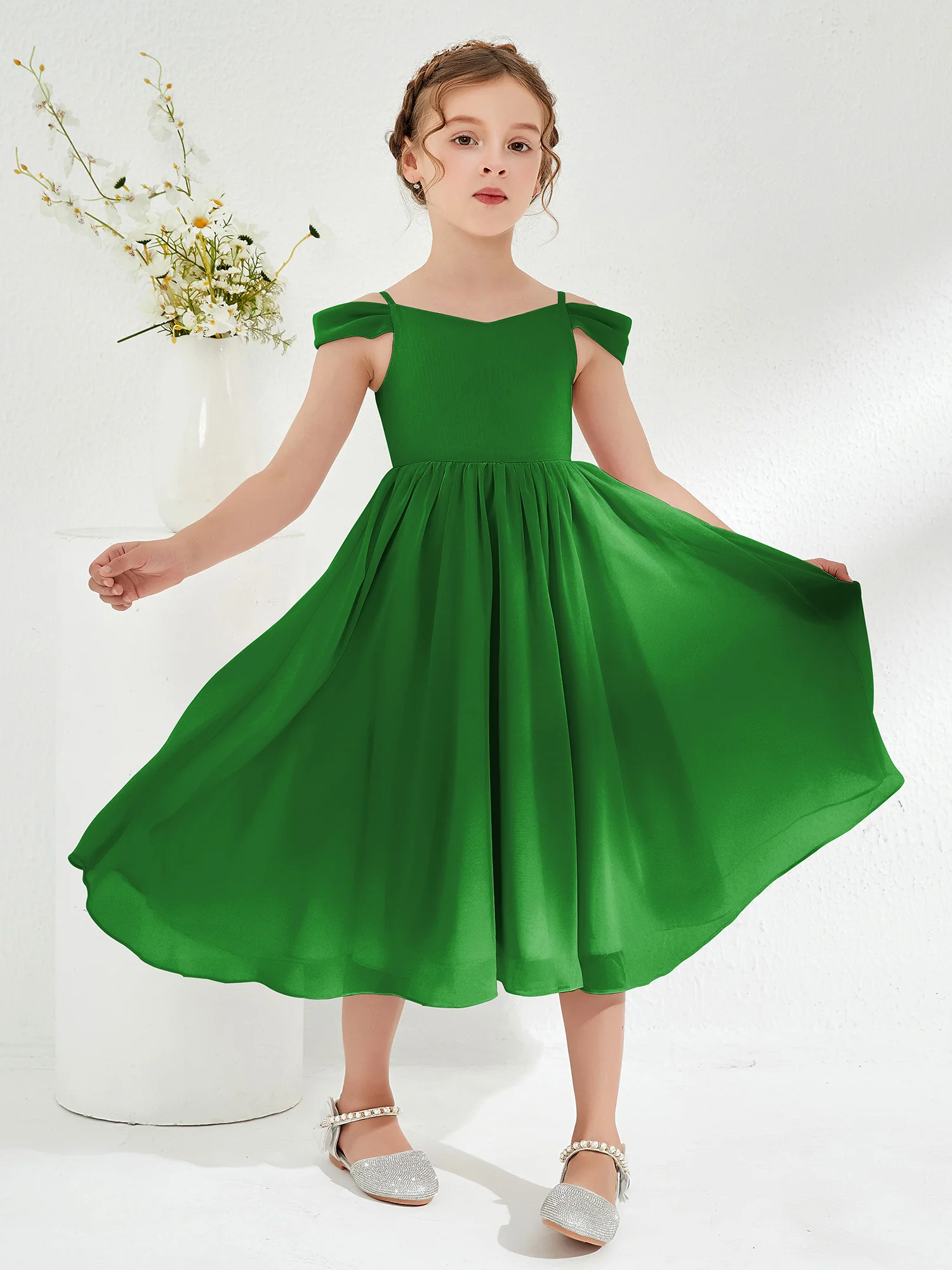 Off-the-shoulder Pleated Girl's Dress Green