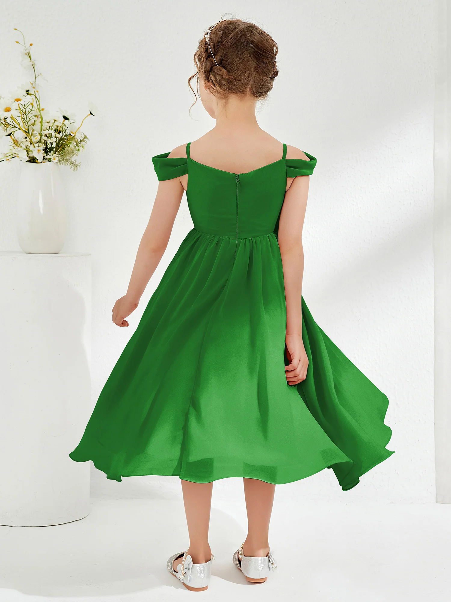 Off-the-shoulder Pleated Girl's Dress Green - Image 2