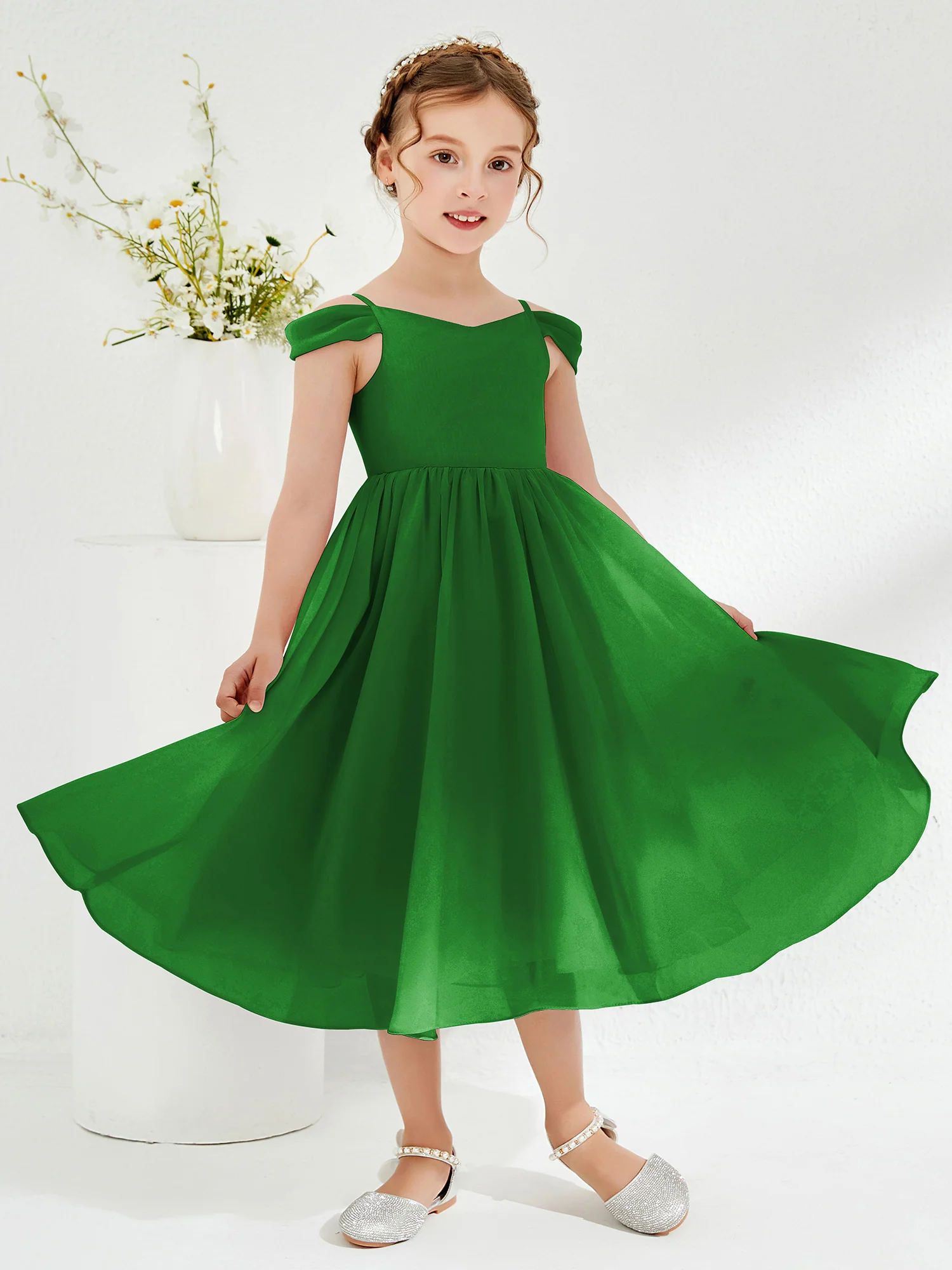 Off-the-shoulder Pleated Girl's Dress Green - Image 3