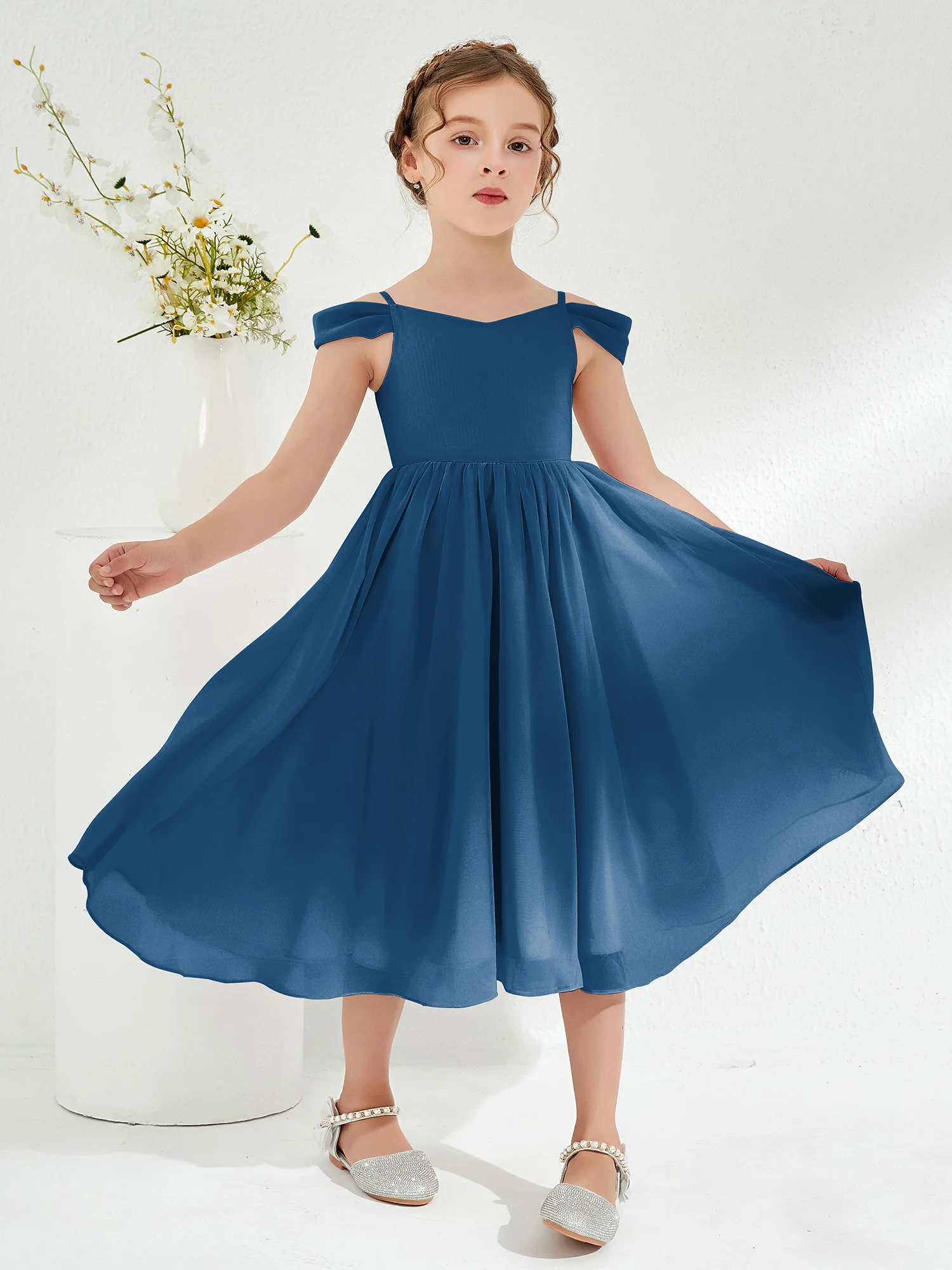 Off-the-shoulder Pleated Girl's Dress Ink Blue