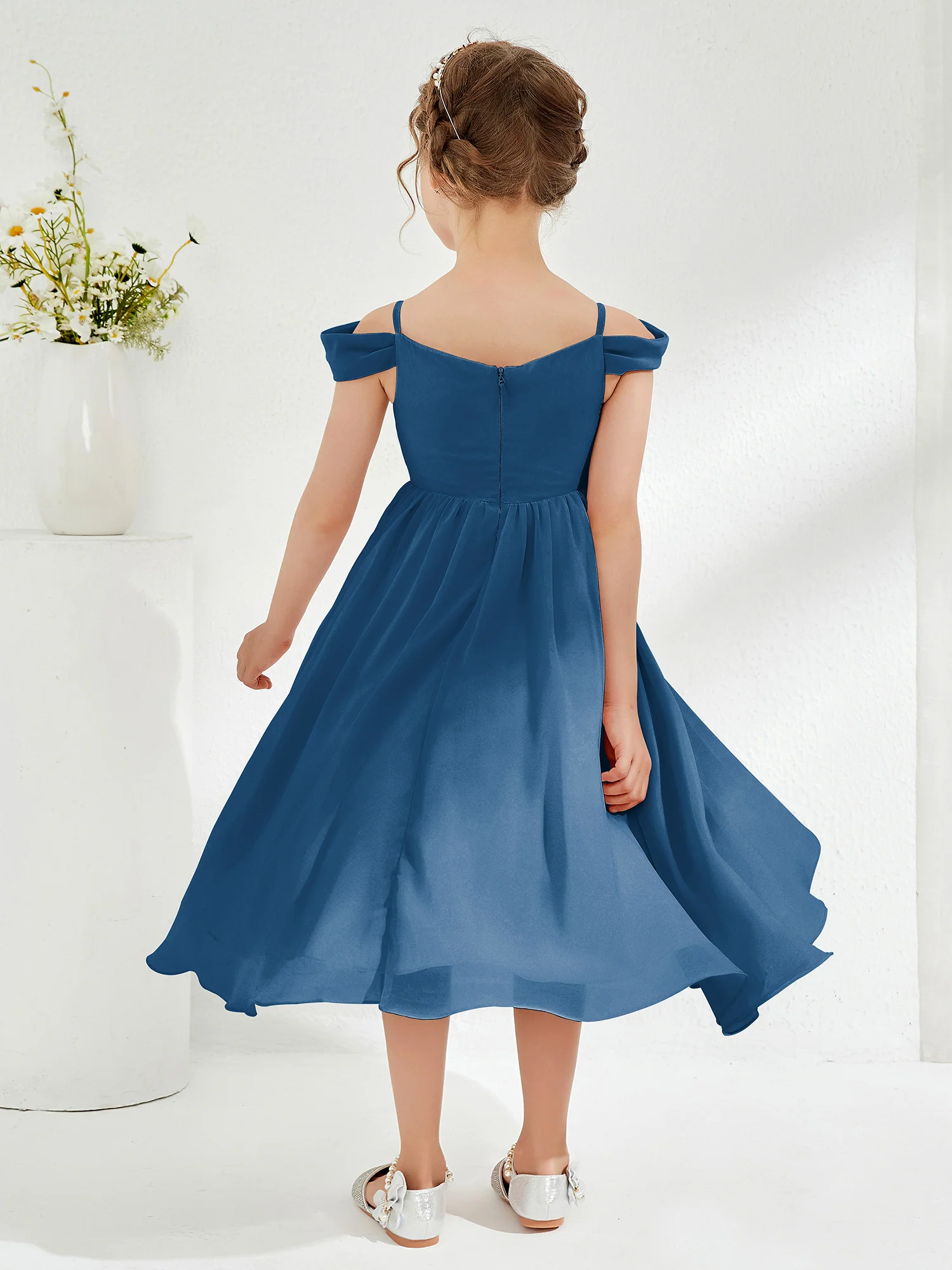 Off-the-shoulder Pleated Girl's Dress Ink Blue - Image 2