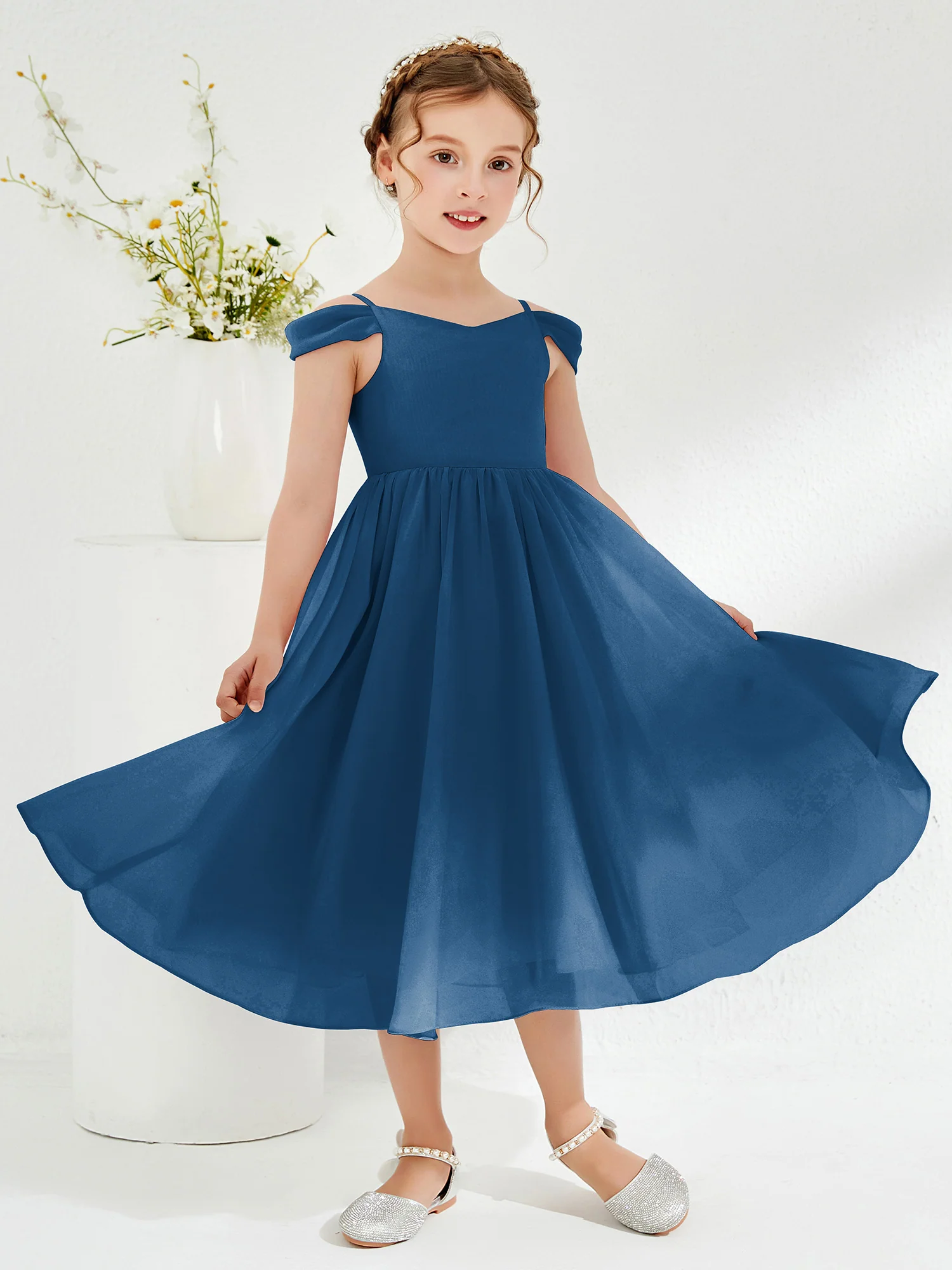 Off-the-shoulder Pleated Girl's Dress Ink Blue - Image 3