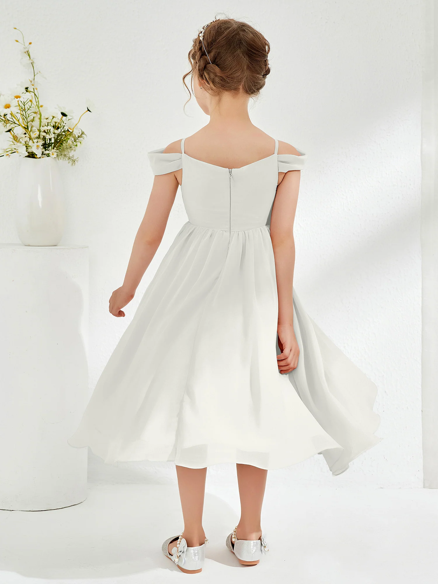 Off-the-shoulder Pleated Girl's Dress Ivory - Image 2