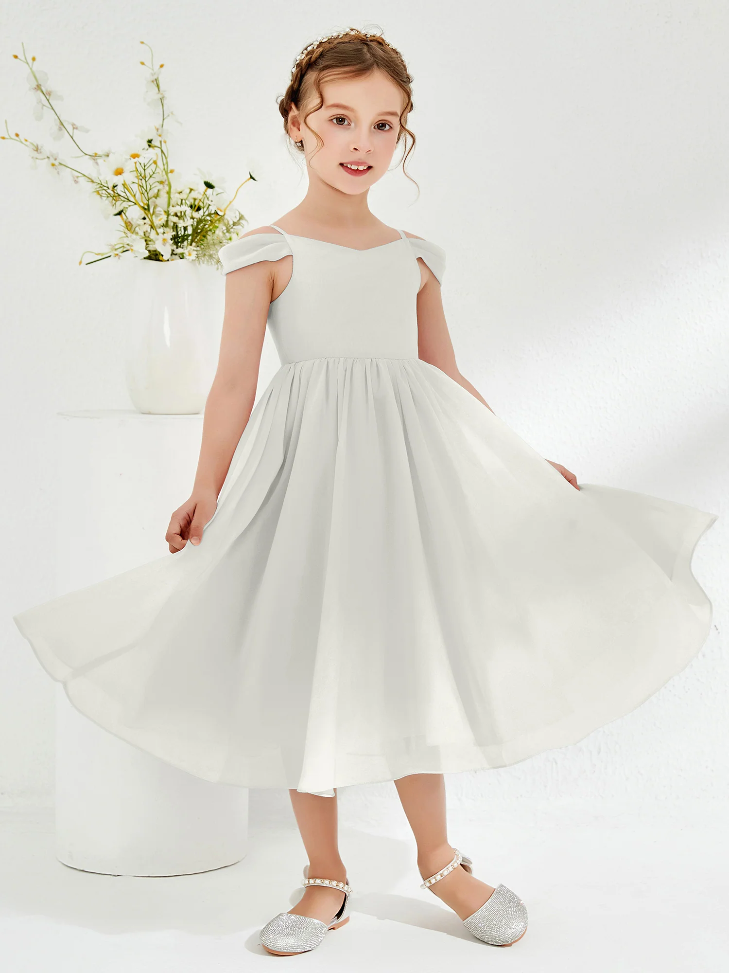 Off-the-shoulder Pleated Girl's Dress Ivory - Image 3