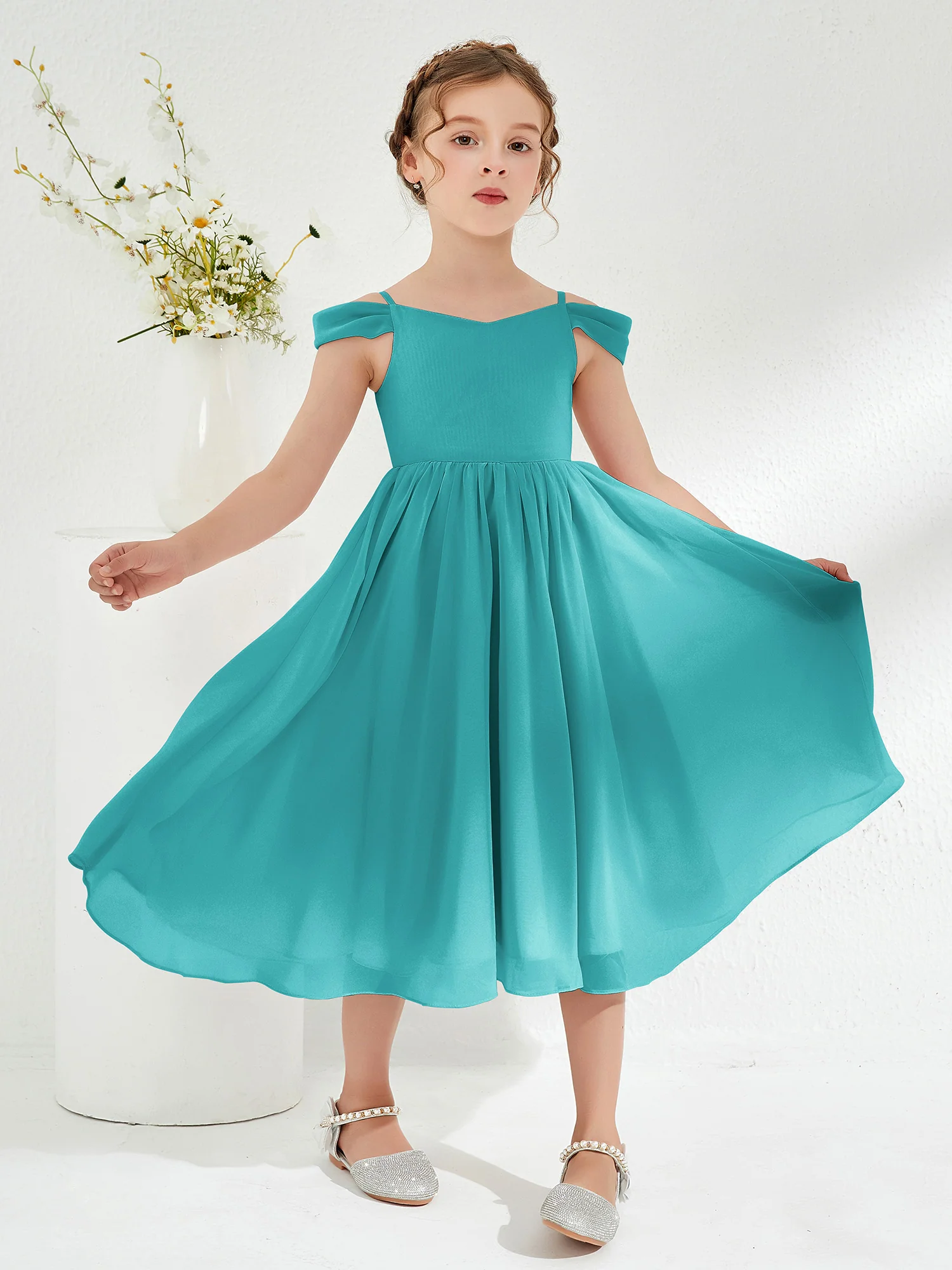 Off-the-shoulder Pleated Girl's Dress Jade
