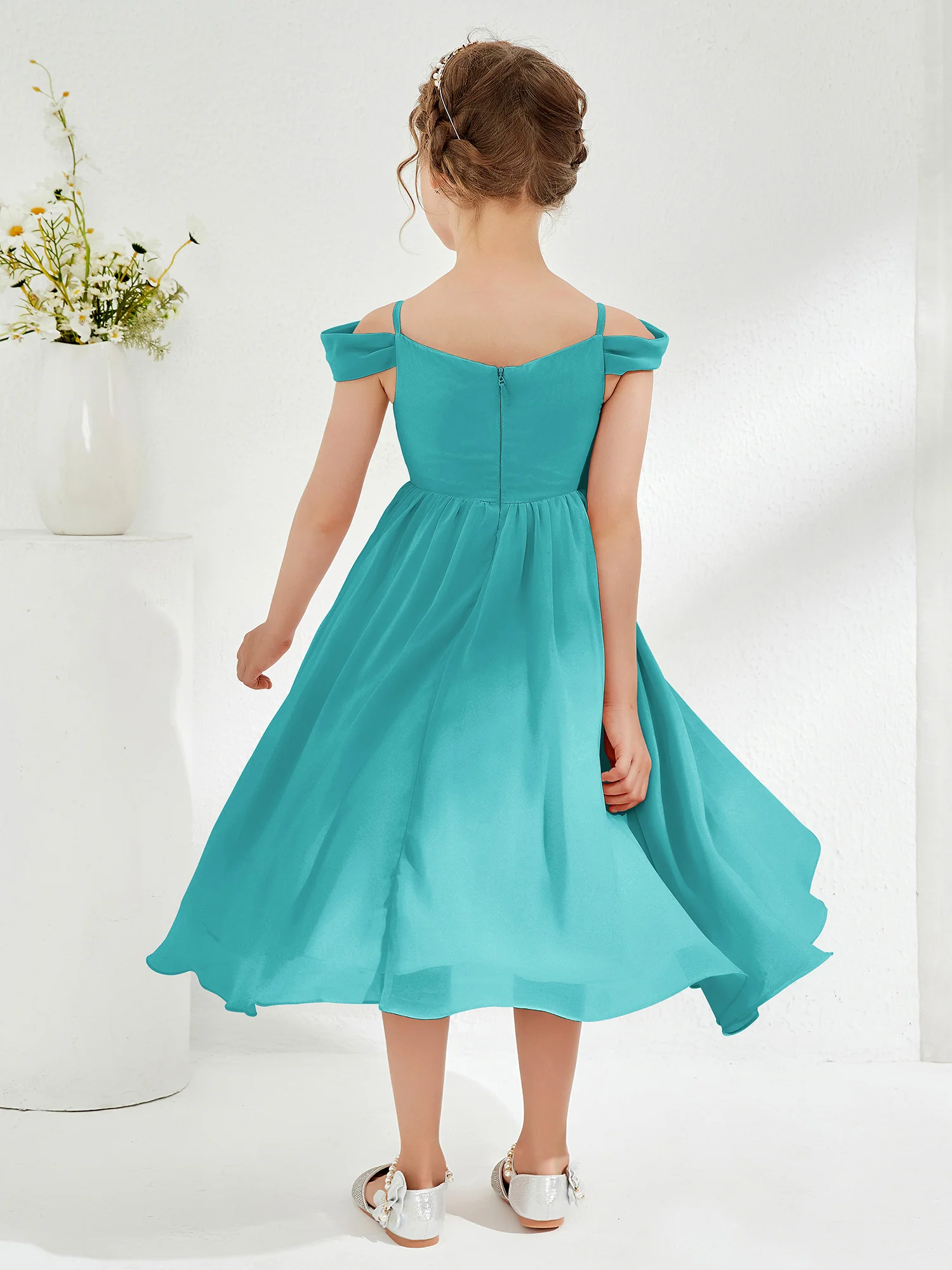 Off-the-shoulder Pleated Girl's Dress Jade - Image 2