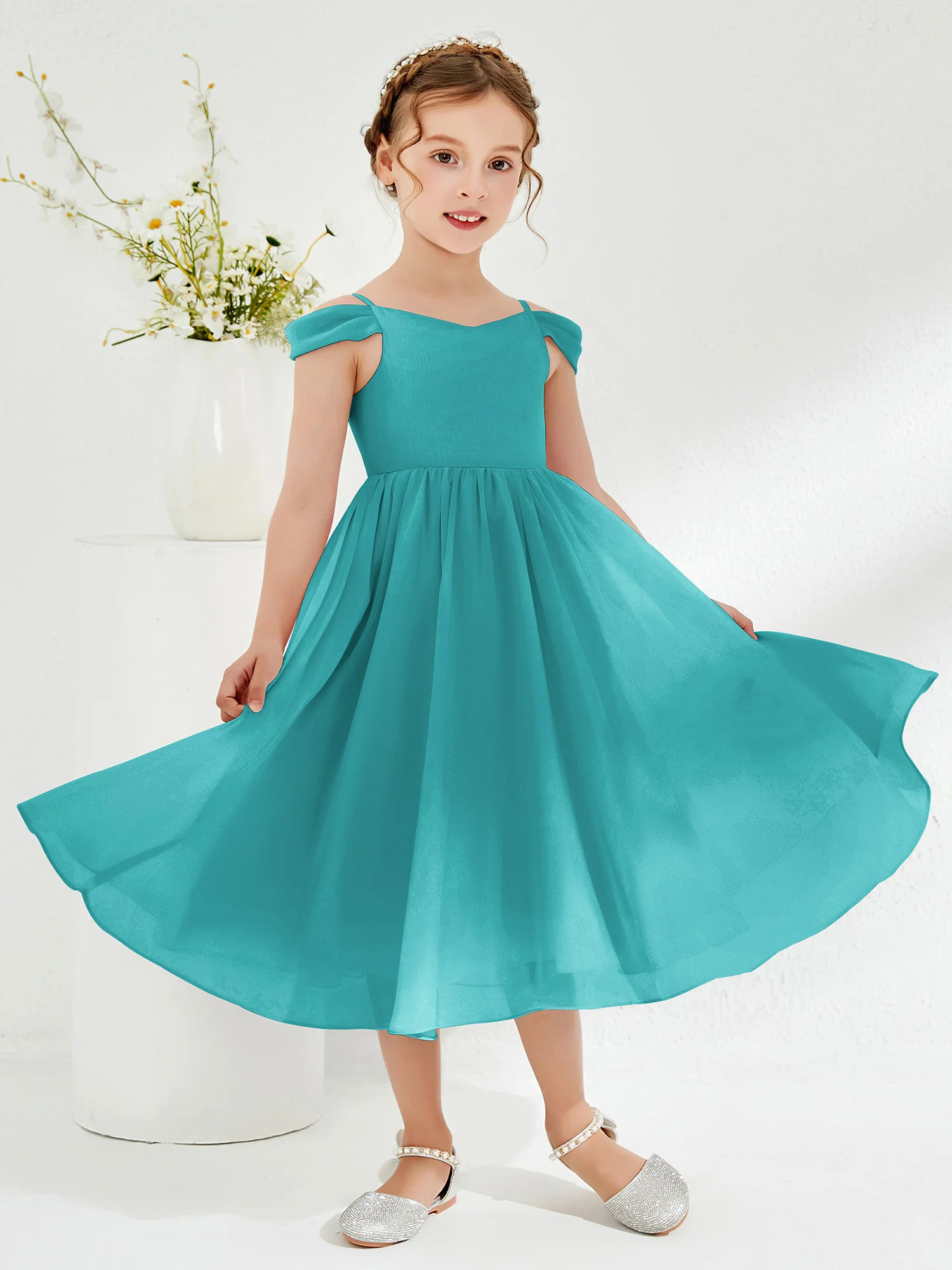 Off-the-shoulder Pleated Girl's Dress Jade - Image 3